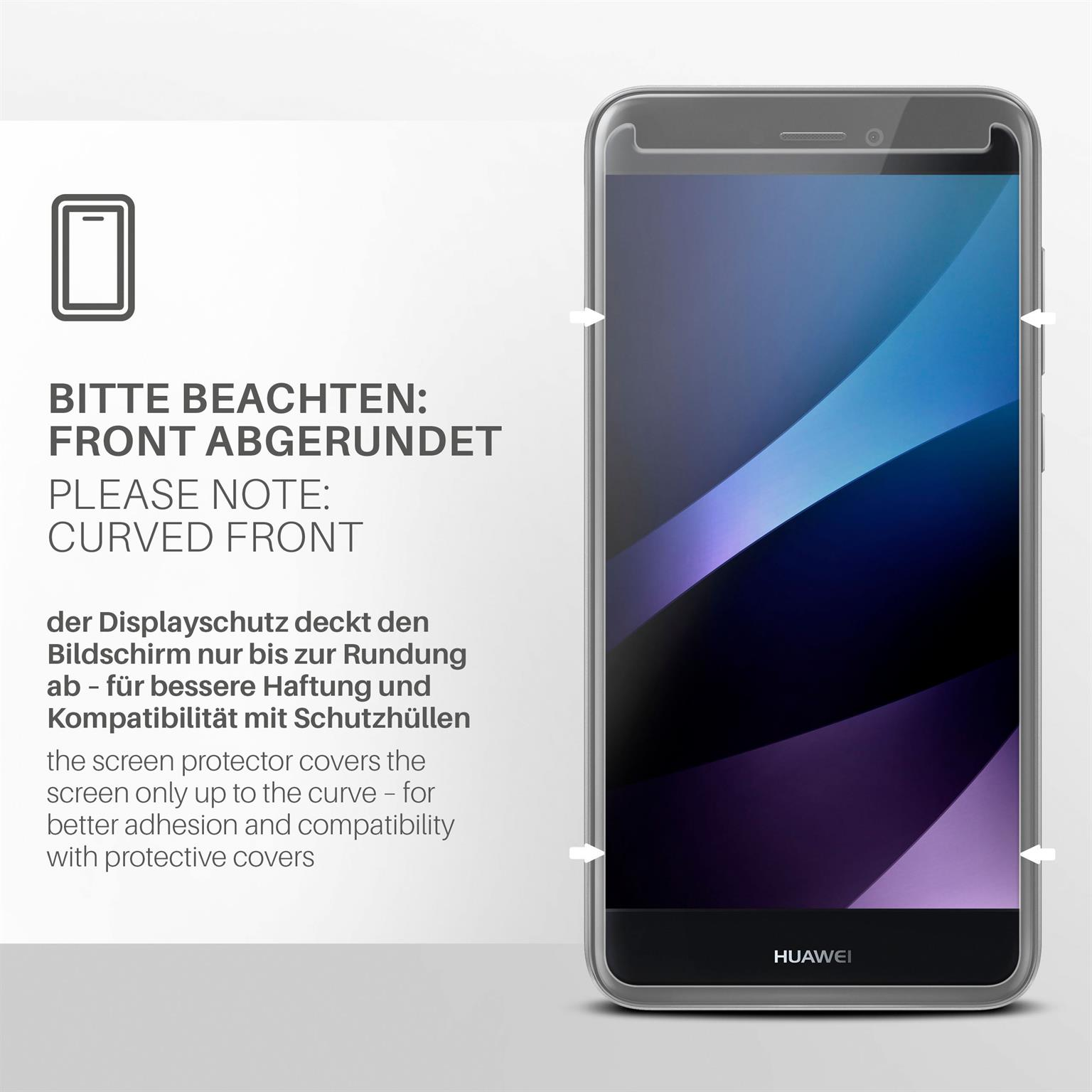 Ein Displayschutz auf einem Telefon. Der Hinweis lautet 'Curved Front'. Der Bildschirm hat einen blauen Farbverlauf.