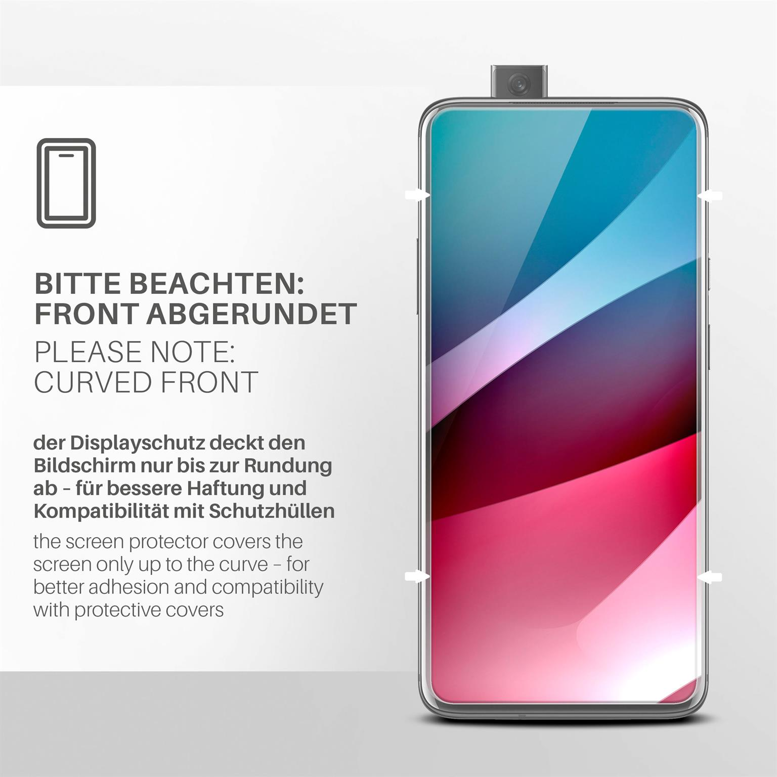 Smartphone mit gewölbter Vorderseite, Text über den Displayschutz, der den Bildschirm bis zur Krümmung abdeckt.