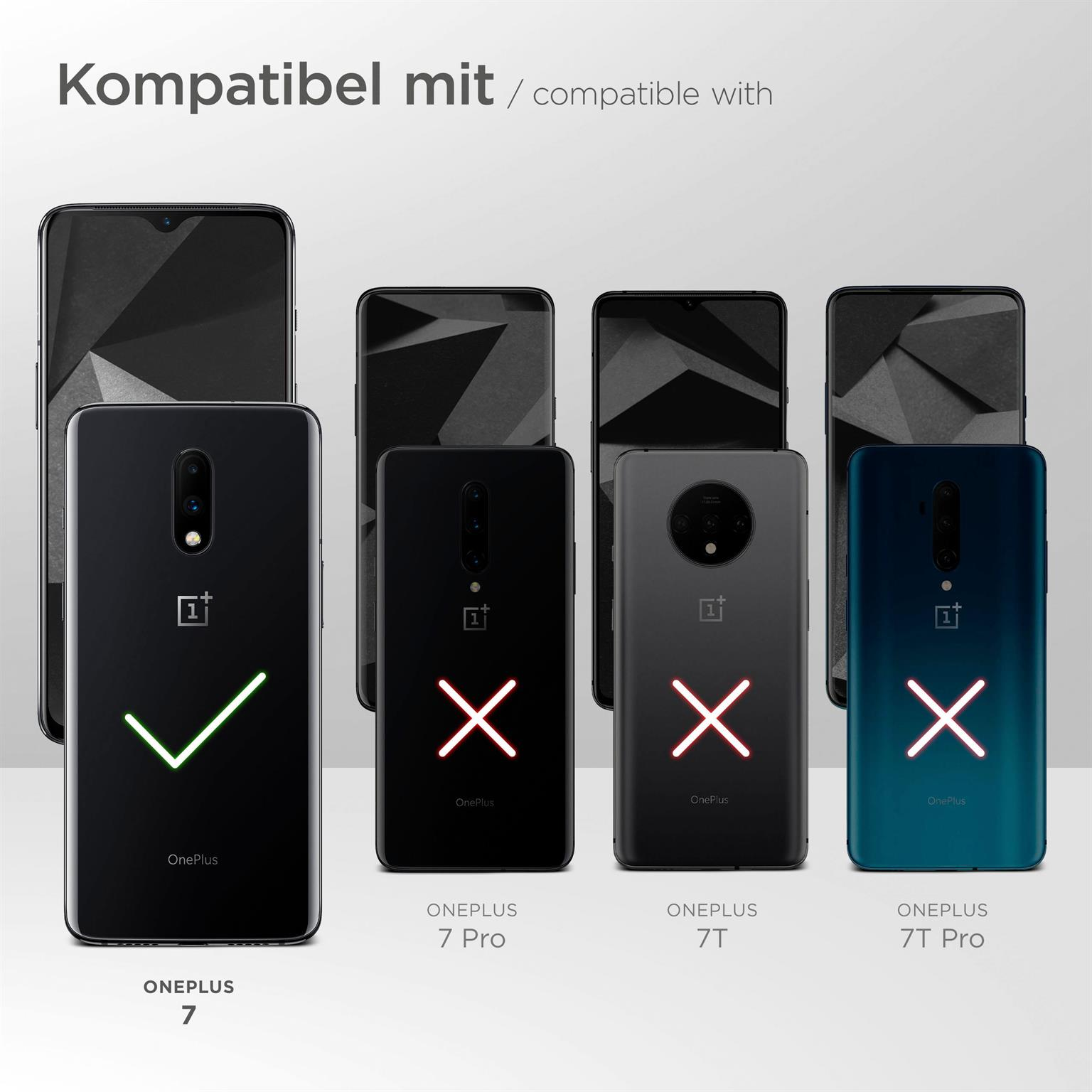 Vergleich von Telefonen. Ein schwarzes OnePlus 7 mit grünem Haken. Andere sind nicht kompatibel mit rotem X.