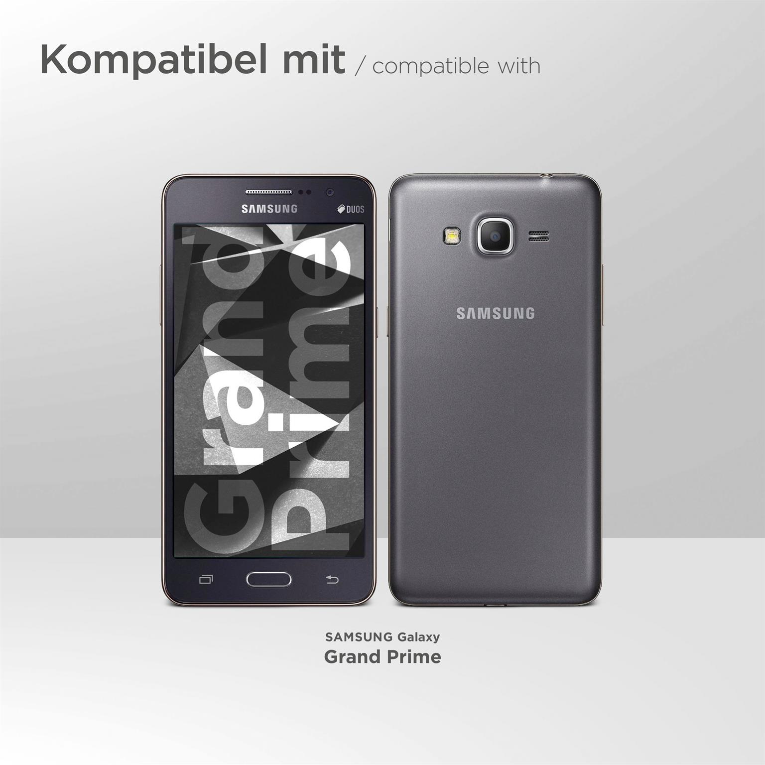 Zwei Telefone, vorne und hinten, werden angezeigt. Der vordere Telefonbildschirm sagt 'Grand Prime'. Es ist ein Samsung Galaxy.
