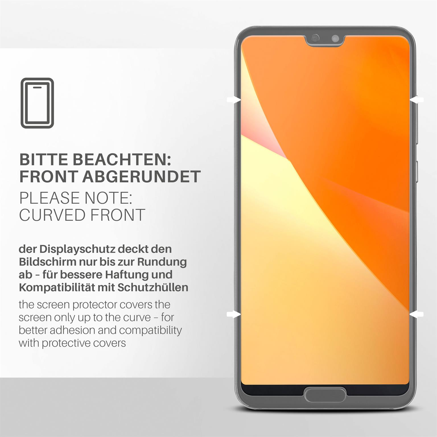 Ein Smartphone mit abgerundeter Front, mit Text, der anzeigt, dass der Displayschutz den Bildschirm nur bis zur Rundung bedeckt.
