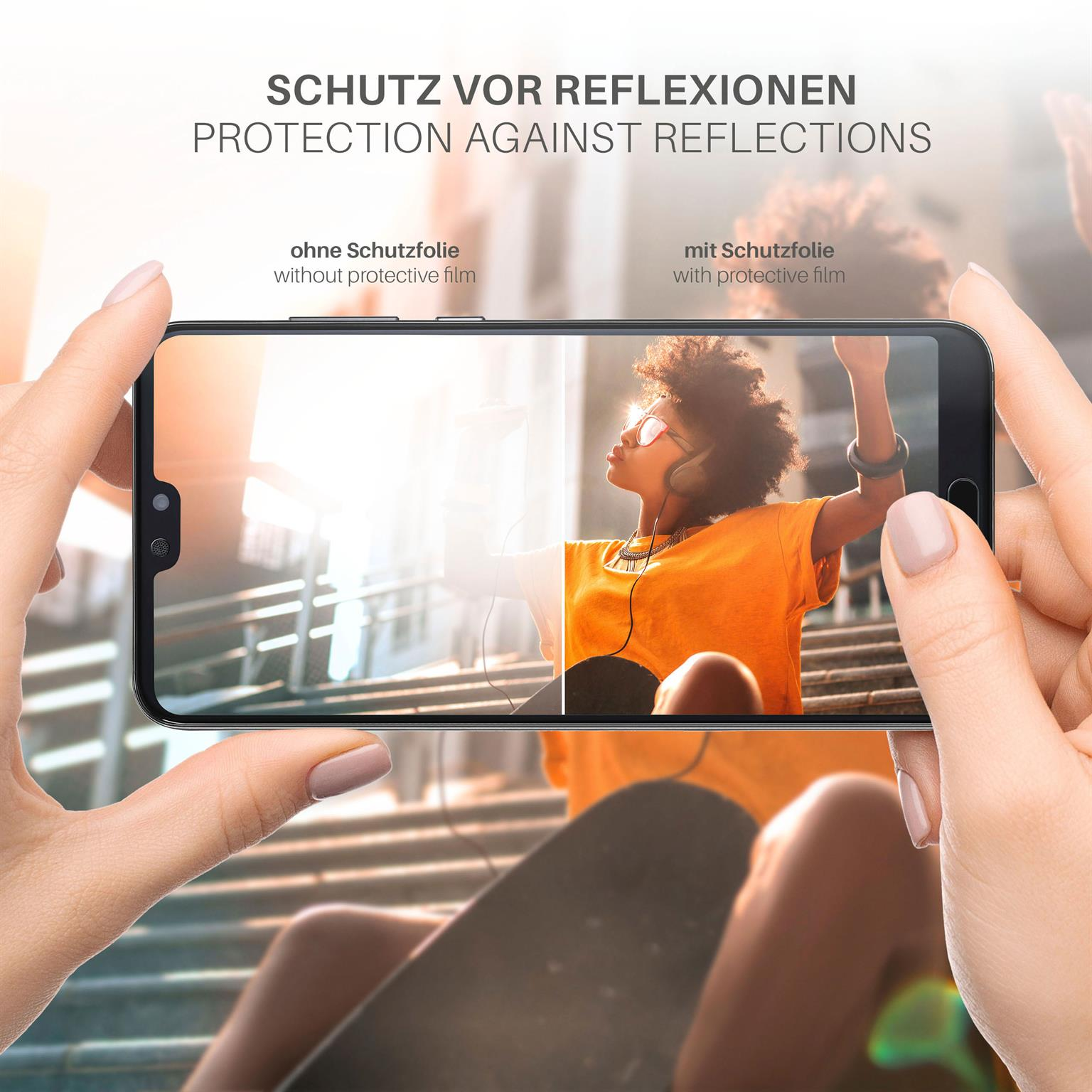 Hände halten ein Telefon mit Reflexionsvergleich. Frau auf dem Bildschirm in orangefarbenem Shirt. Vergleichstext oben.
