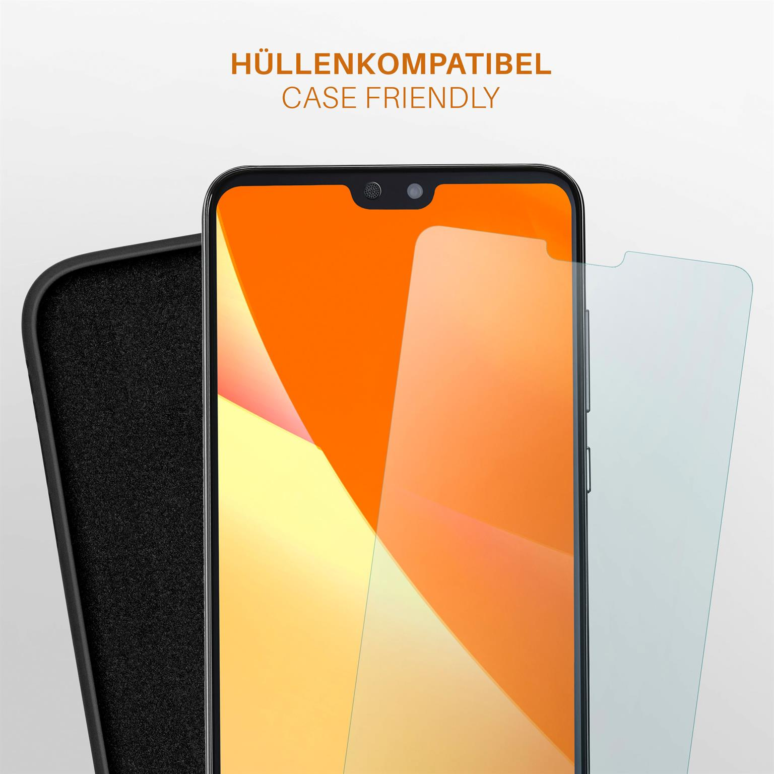Ein Telefon mit Displayschutz und Hülle. Oben steht 'Case Friendly'.
