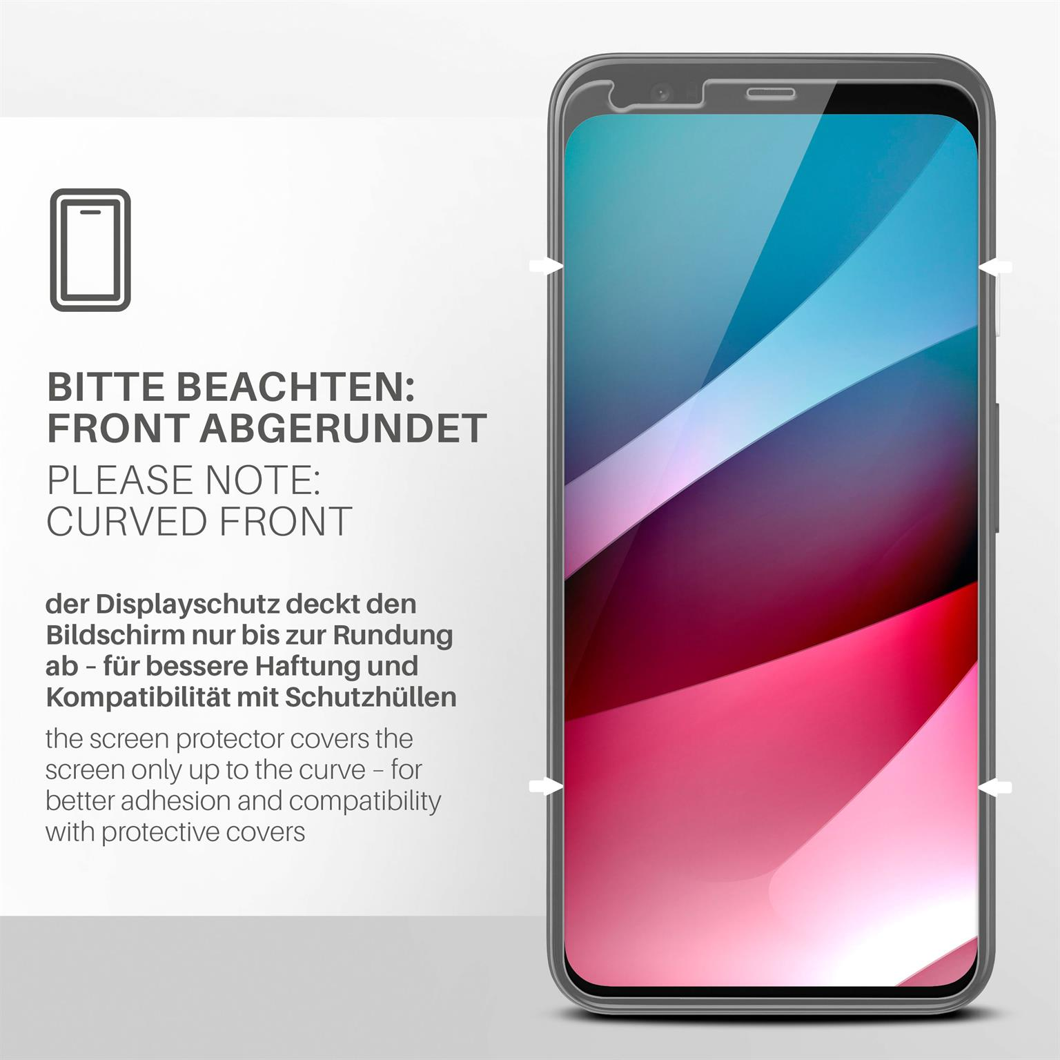 Ein Telefon mit Displayschutz. Text sagt 'abgerundete Front'. Schutz deckt Bildschirm bis zur Rundung für bessere Haftung ab.