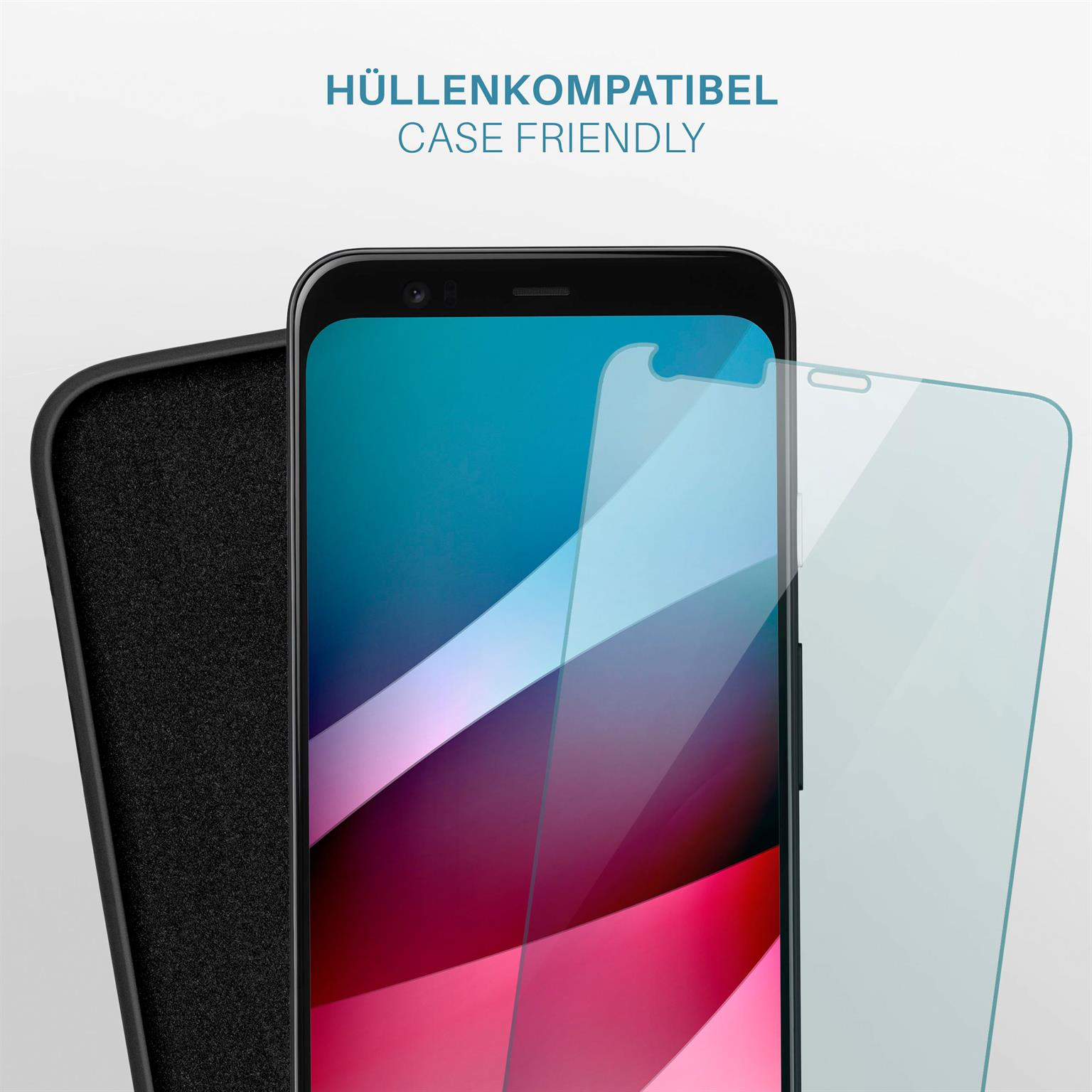 Smartphone und Hülle, zeigt das Anbringen einer Displayschutzfolie, auf hellem Hintergrund.