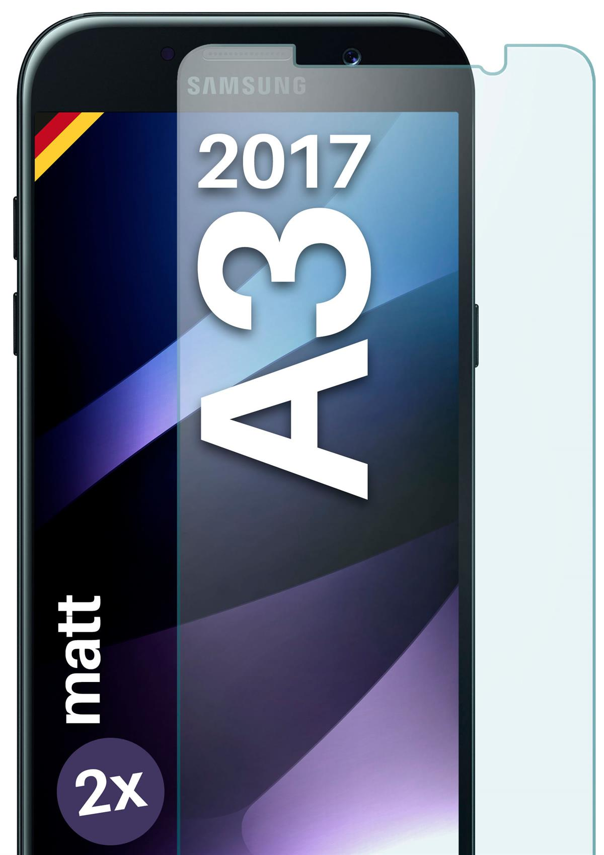 Samsung A3 2017 Telefon mit Displayschutzfolie. Das Telefon ist schwarz mit blauem Hintergrund.