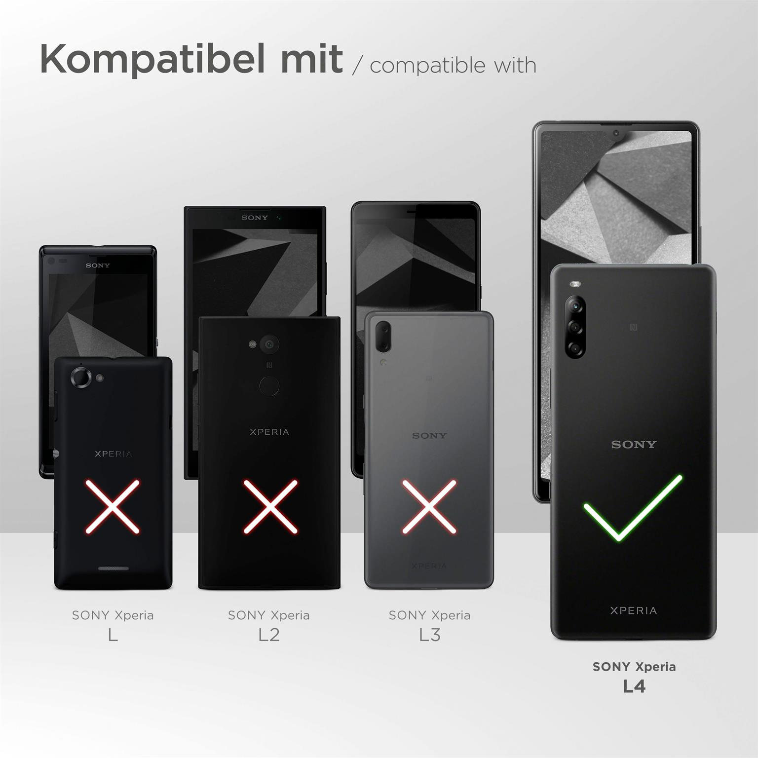 Telefone mit Kompatibilitätsanzeigen. Xperia L4 ist kompatibel. Xperia L, L2, L3 sind inkompatibel.