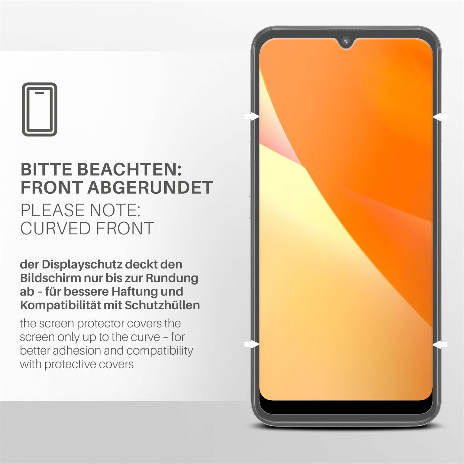 Telefon mit abgerundeter Front. Der Text weist darauf hin, die abgerundete Front zu beachten. Der Displayschutz bedeckt nur die Kurve für die Haftung.