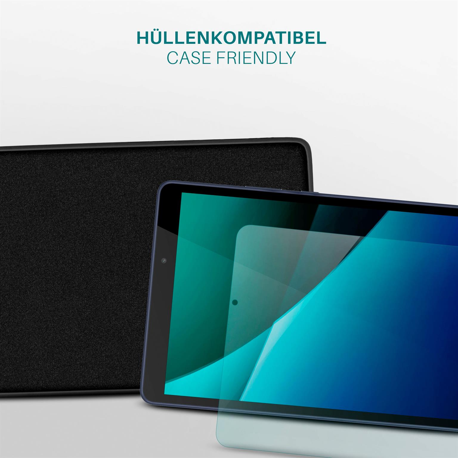 Tablet mit Displayschutzfolie und Hülle. Weißer Hintergrund.