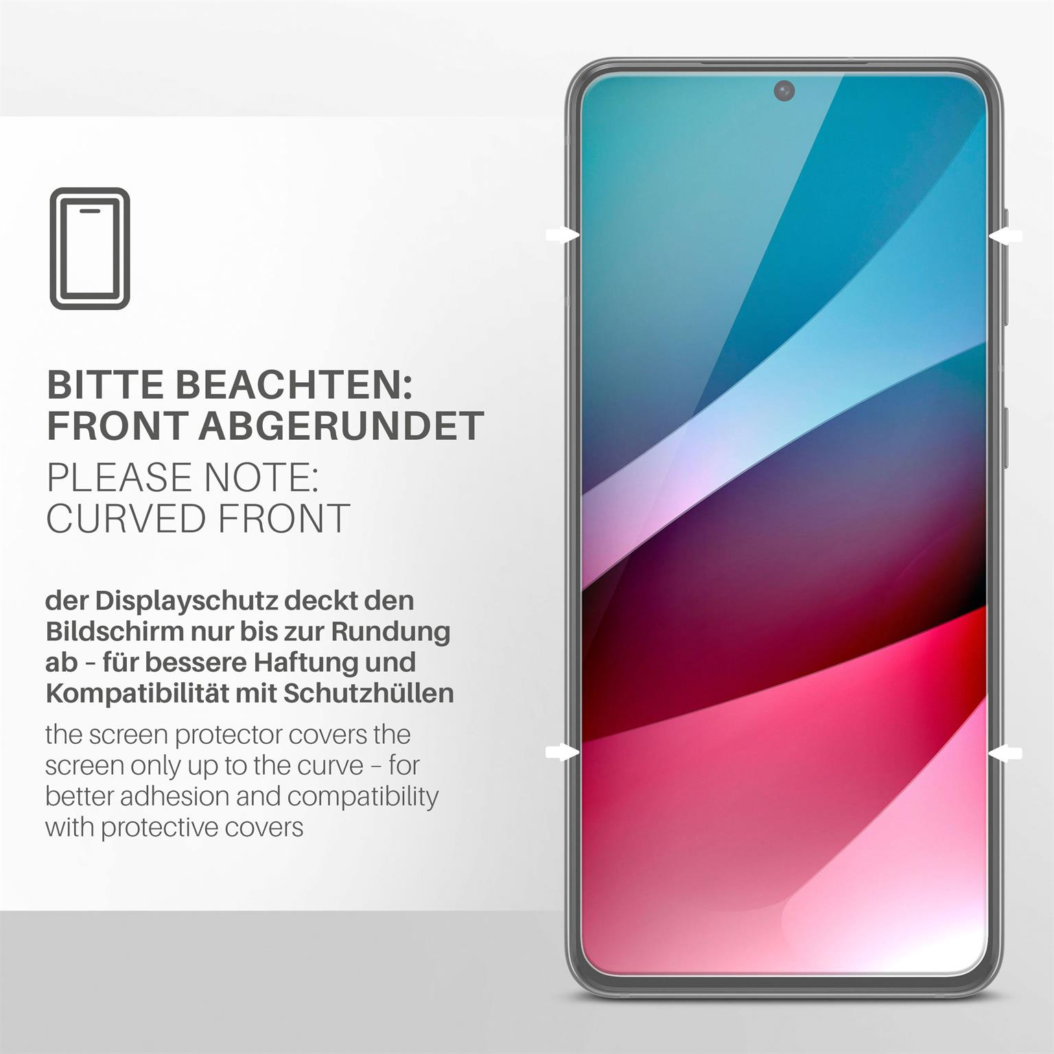 Smartphone mit Displayschutzfolie. Text: Abgerundete Front. Der Schutz bedeckt den Bildschirm bis zur Rundung.