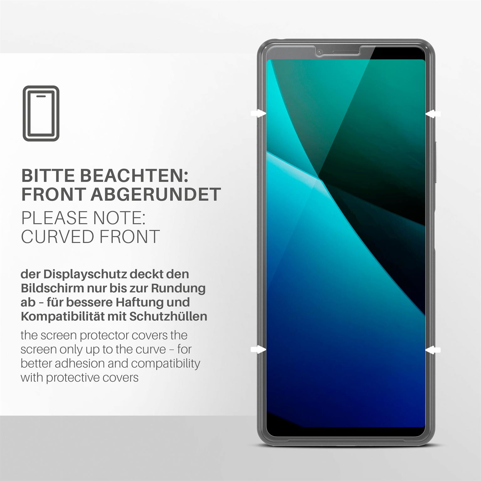 Smartphone mit Displayschutzfolie. Text weist auf gewölbte Front hin. Pfeile zeigen Bildschirmrand.