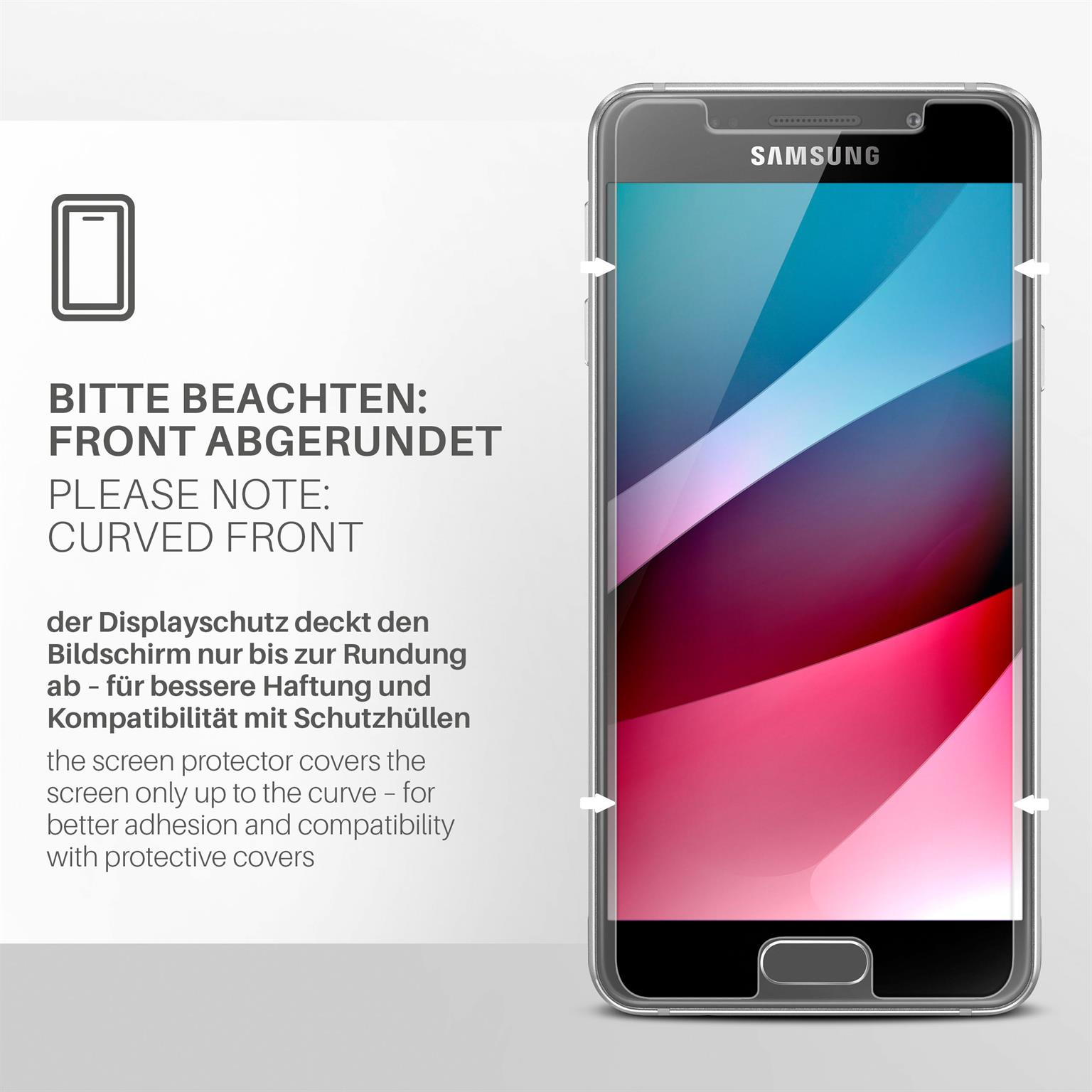 Ein Telefon mit Displayschutzfolie. Text links und ein Samsung-Telefon rechts.