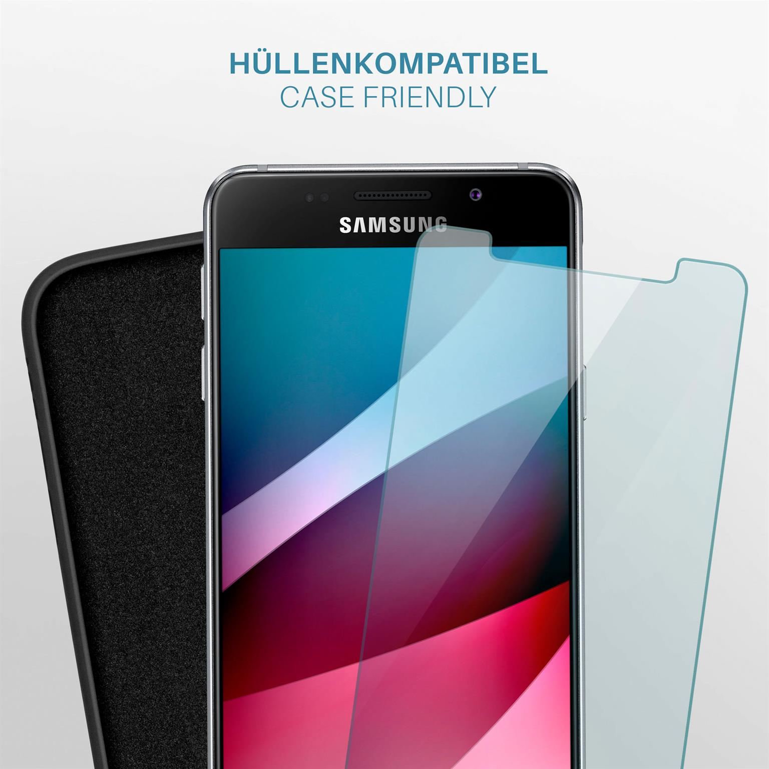 Ein Samsung-Smartphone mit Displayschutz und eine schwarze Handyhülle werden gezeigt, die Gehäusekompatibilität demonstrieren.