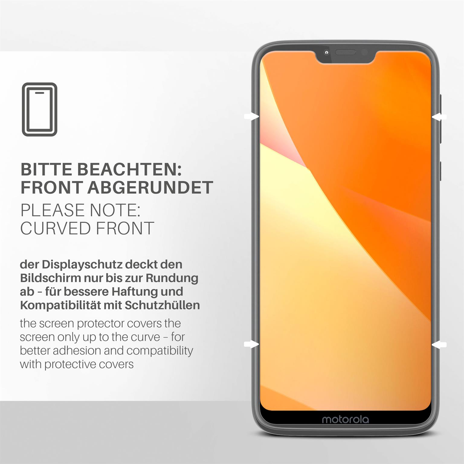 Ein Telefon mit gewölbter Front, mit Text, der die Krümmungsabdeckung des Displayschutzes anzeigt.