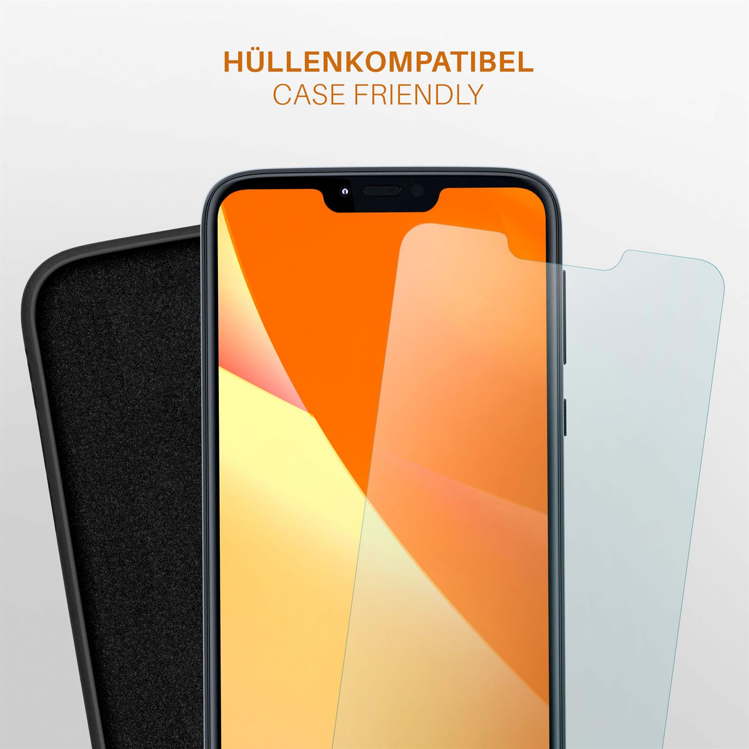 Ein Telefon mit Displayschutz und Hülle, zeigt das hüllenfreundliche Design und den Bildschirm.