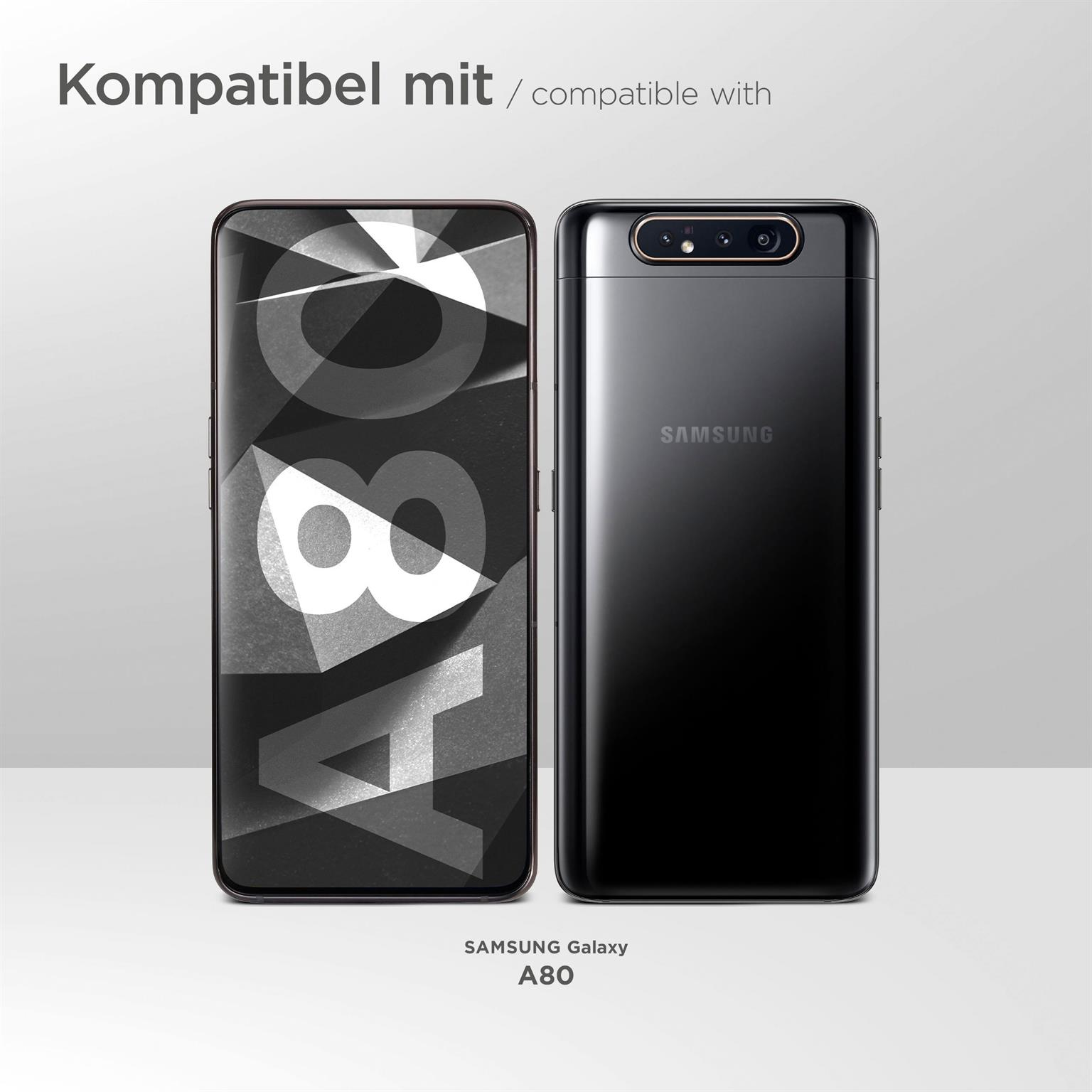 Zwei Telefone: eines mit Displayschutz. Samsung Galaxy A80 links. Schwarzes Telefon rechts mit Samsung-Logo.