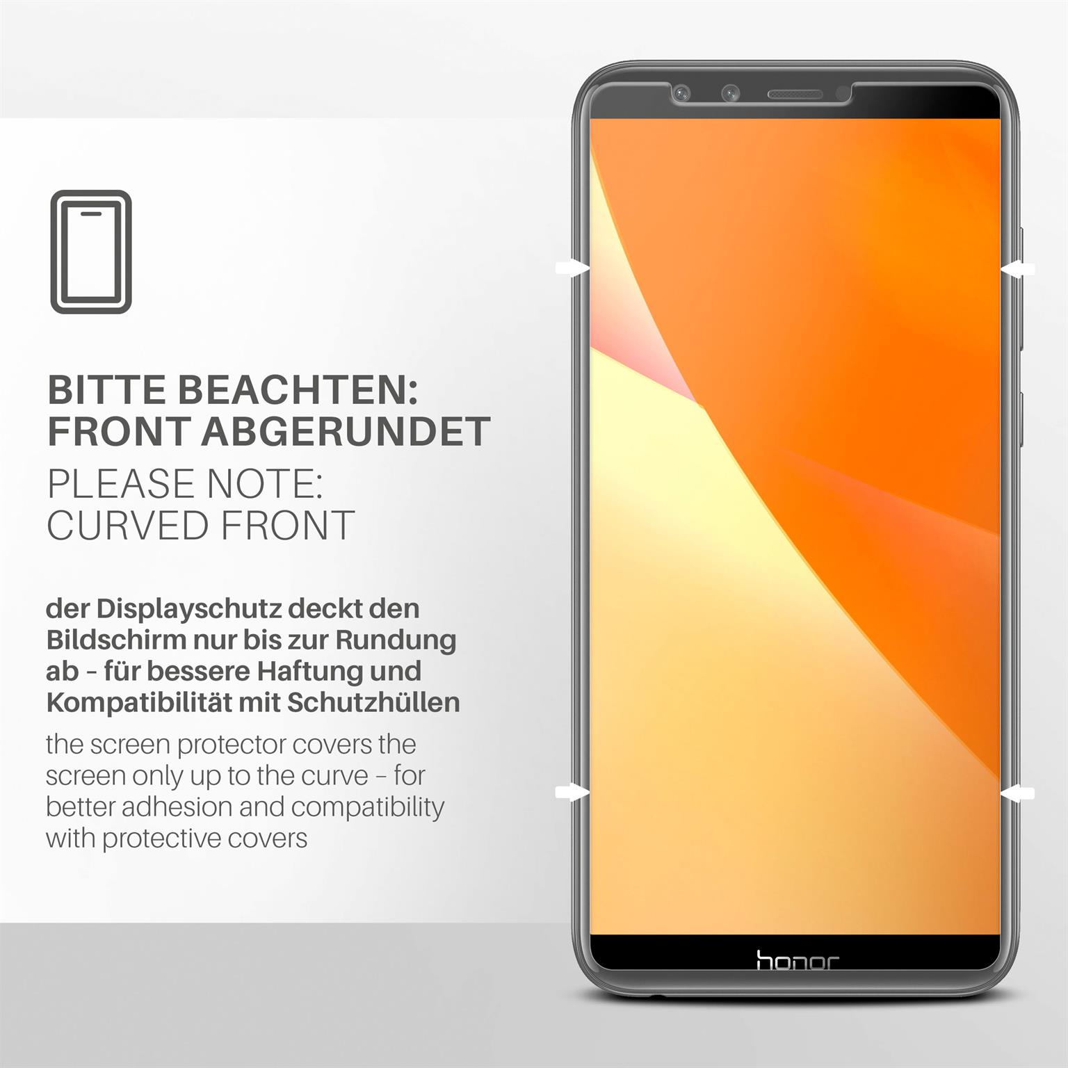 Ein Telefon mit Displayschutzfolie wird gezeigt. Text erklärt, dass es die gekrümmte Front abdeckt.