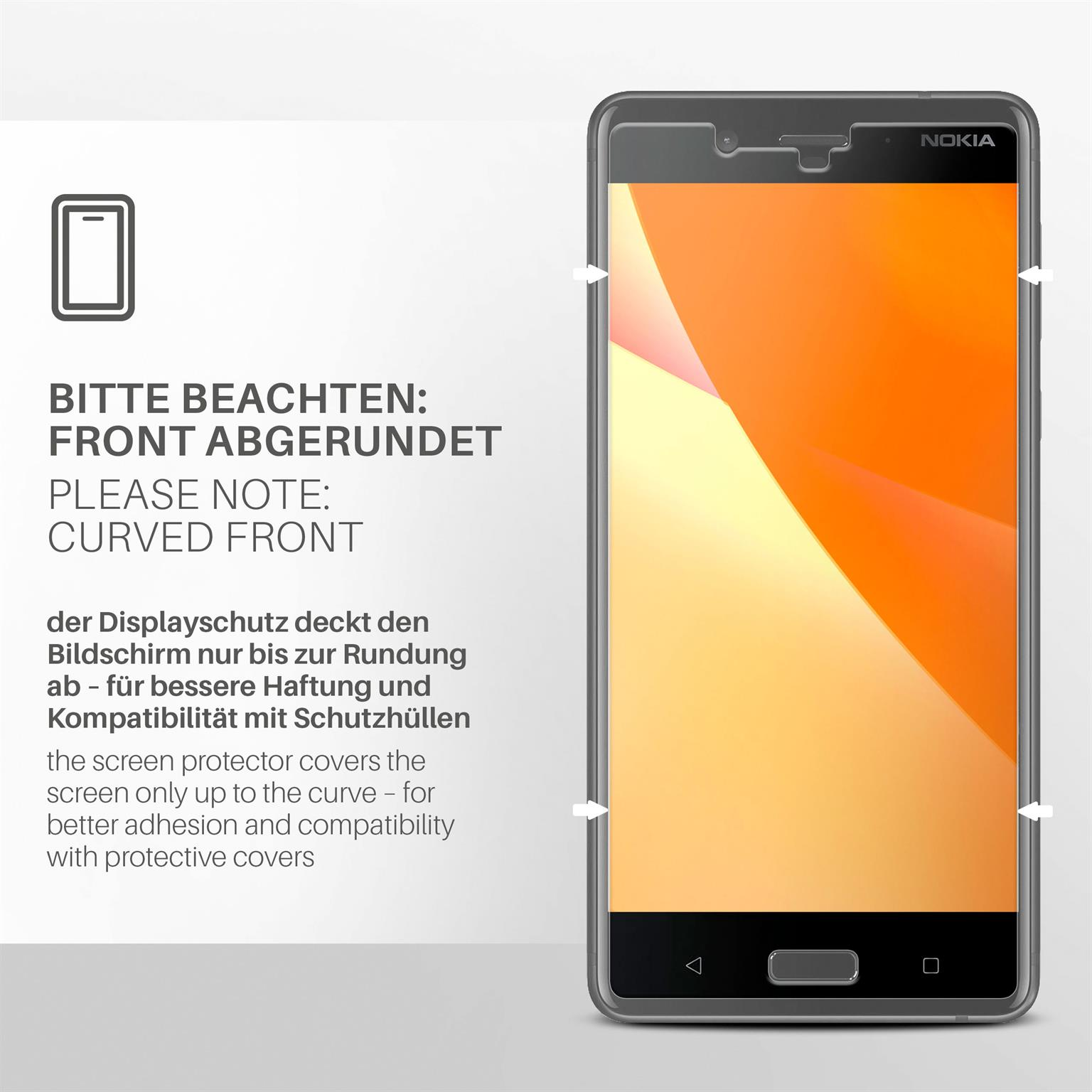 Ein Telefon mit Displayschutzfolie wird gezeigt. Text besagt, dass die Vorderseite abgerundet ist und der Displayschutz den Bildschirm bedeckt.