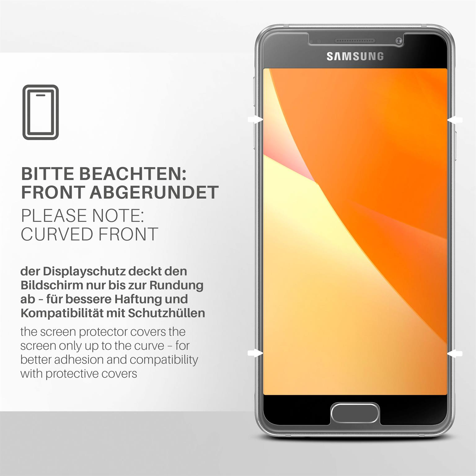 Ein Smartphone mit Displayschutzfolie, mit Text über die gewölbte Vorderseite des Geräts.