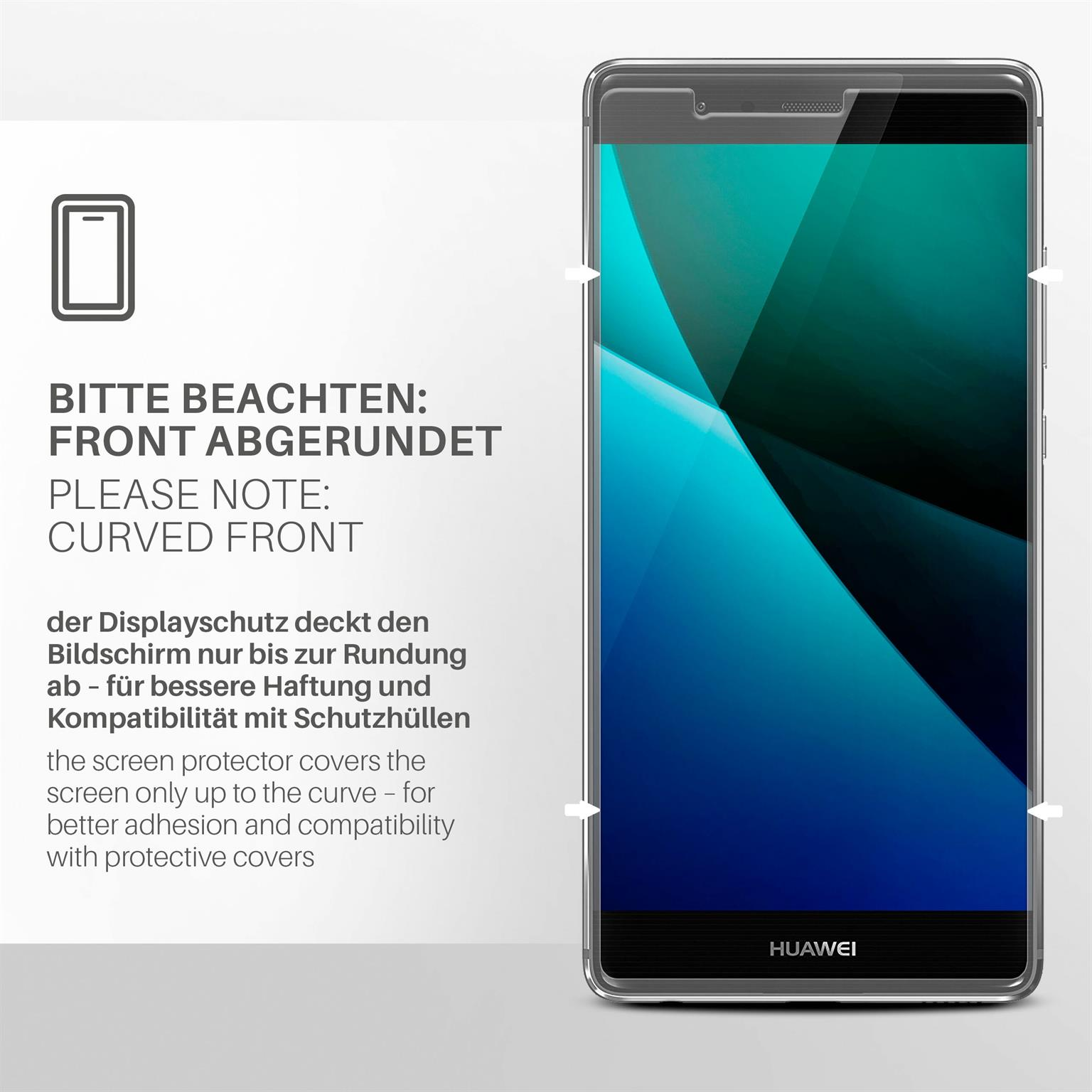 Telefon mit angebrachtem Displayschutz. Text erklärt, dass der Schutz bis zur Krümmung abdeckt für besseren Halt.