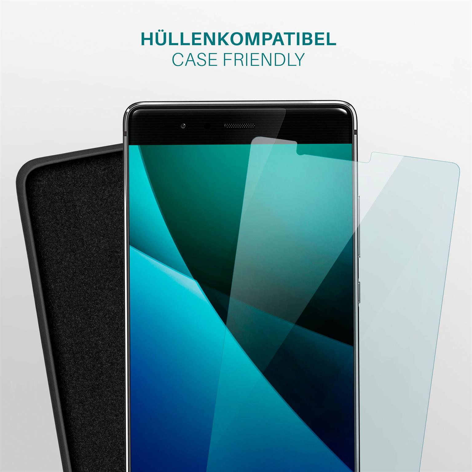 Smartphone mit Displayschutzfolie und Hülle. Text lautet 'Hüllenkompatibel'.