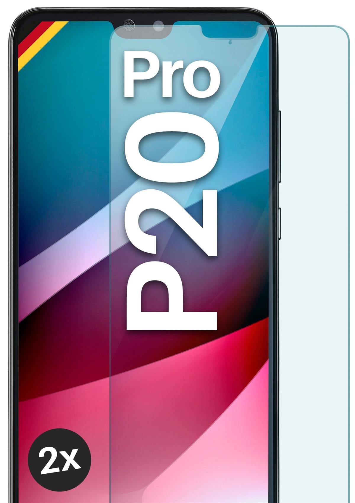 Telefon mit Displayschutz. P20 Pro Text auf dem Bildschirm. 2x Aufkleber unten links.