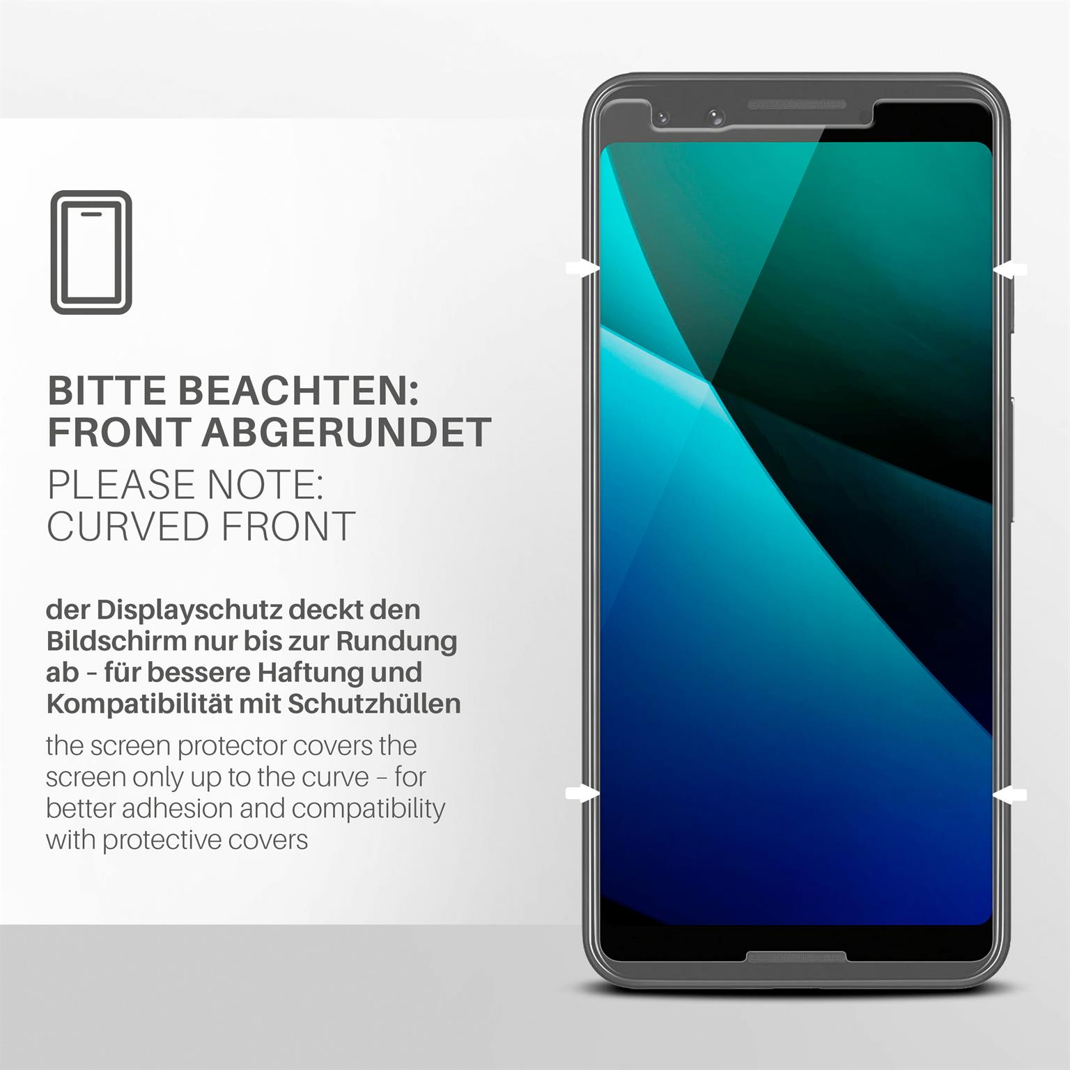 Telefonschutzfolie auf Telefon, Text: 'Abgerundete Front', 'Schutzfolie bedeckt den Bildschirm'.