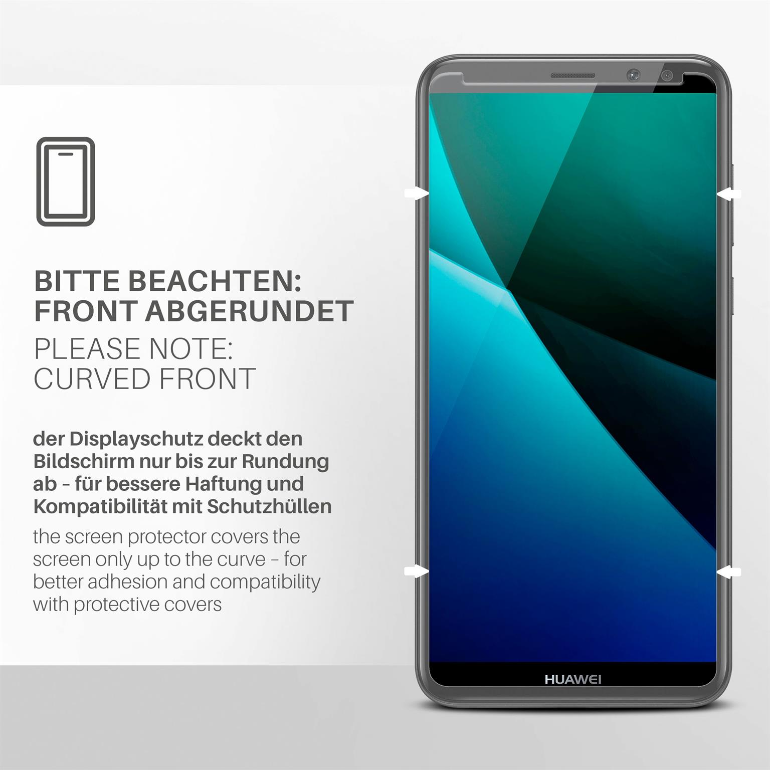 Telefon mit abgerundeter Front. Der Text weist darauf hin, die abgerundete Front zu beachten. Der Displayschutz bedeckt nur die Kurve für die Haftung.