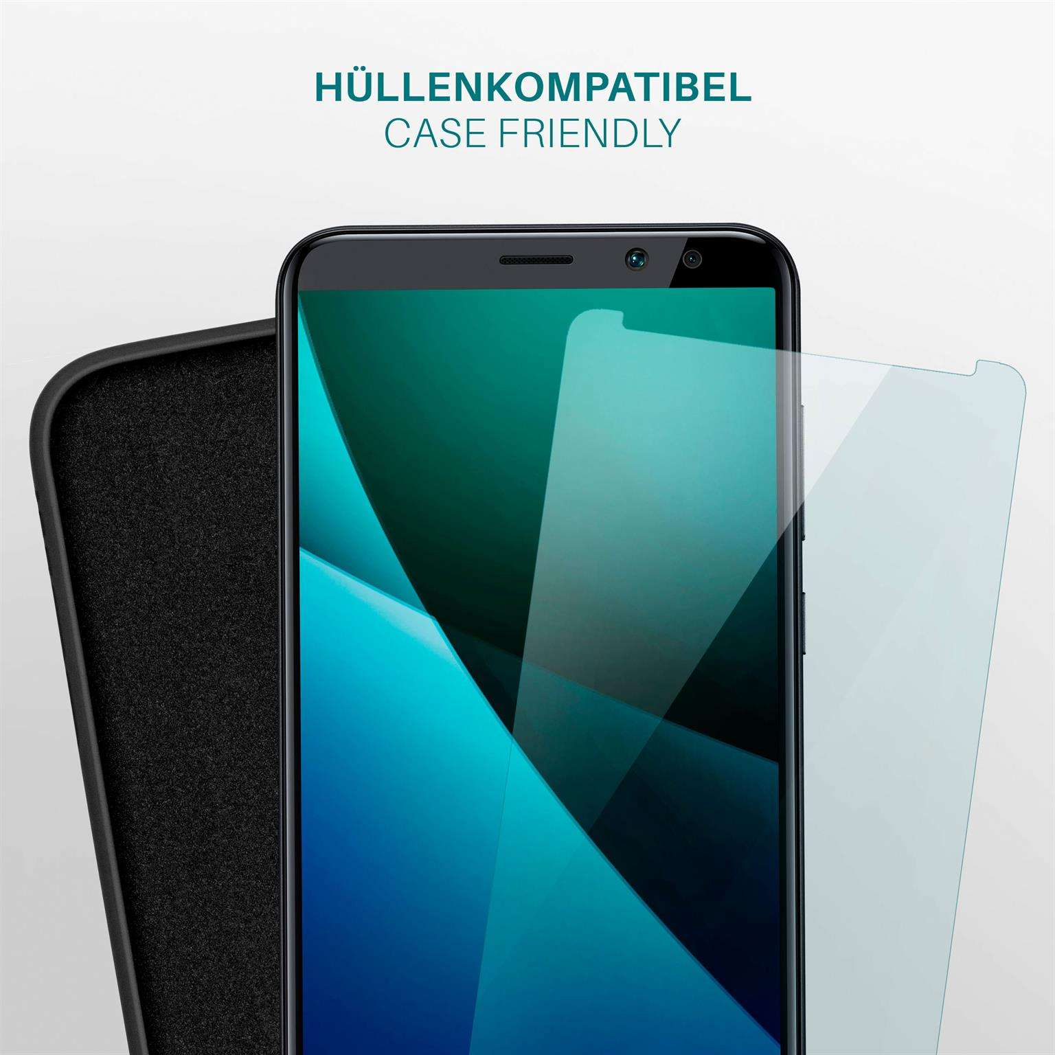 Telefon mit Displayschutz neben einer Hülle. Text: Hüllenkompatibel. Bildschirm zeigt blau-türkise Farben.