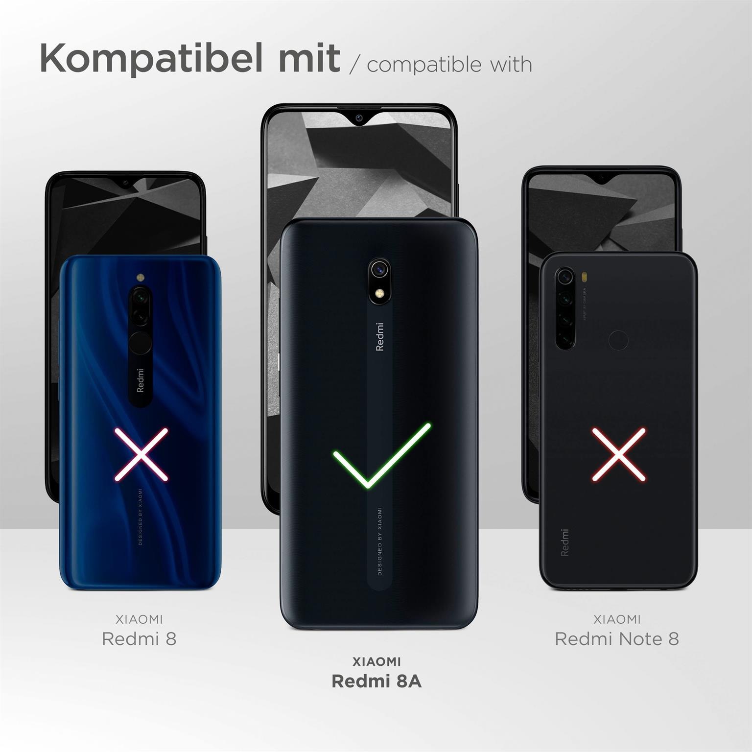 Drei Smartphones mit verschiedenen Rückseiten, Xiaomi Redmi 8, 8A und Redmi Note 8. Das Redmi 8A ist grün.