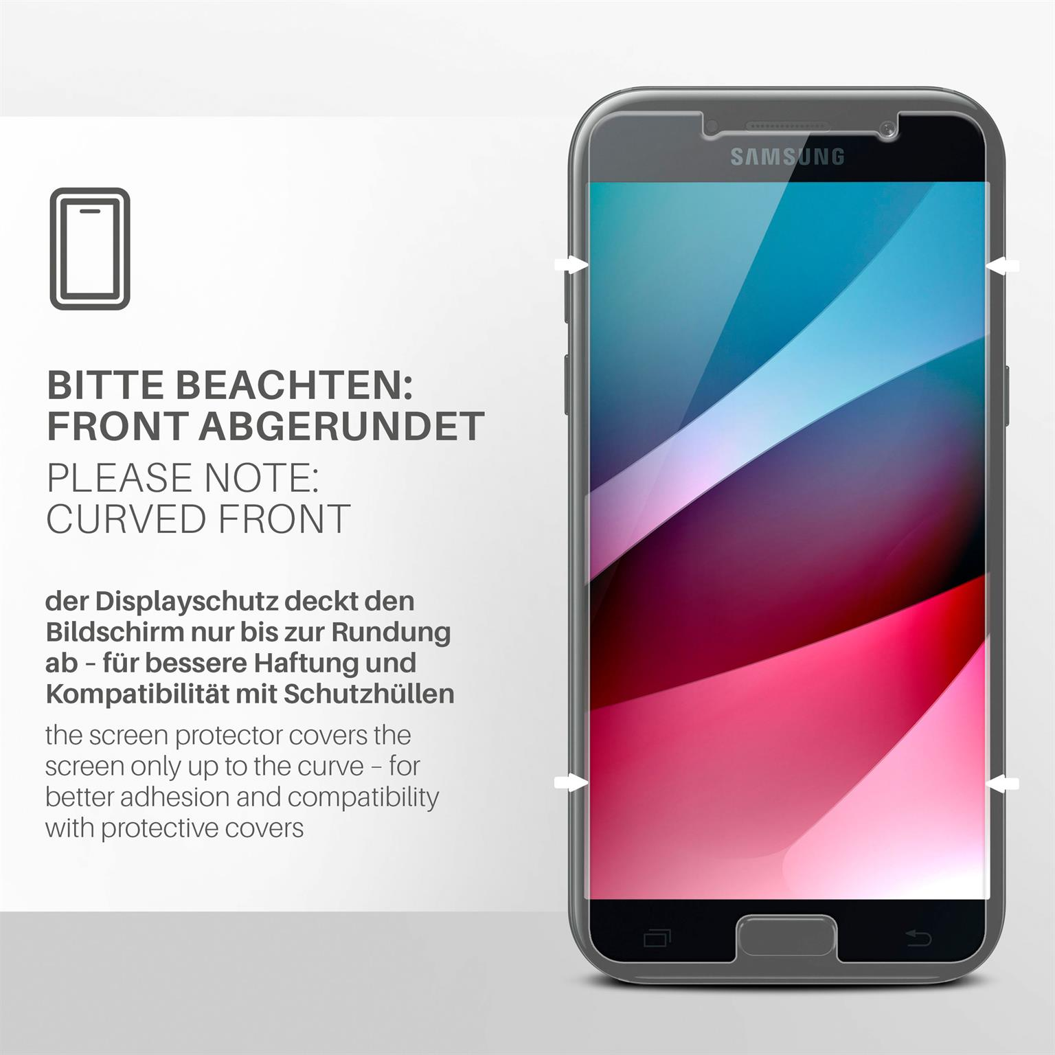 Ein Samsung-Telefon mit Displayschutz. Text links, Pfeile zum Bildschirm, weißer Hintergrund.