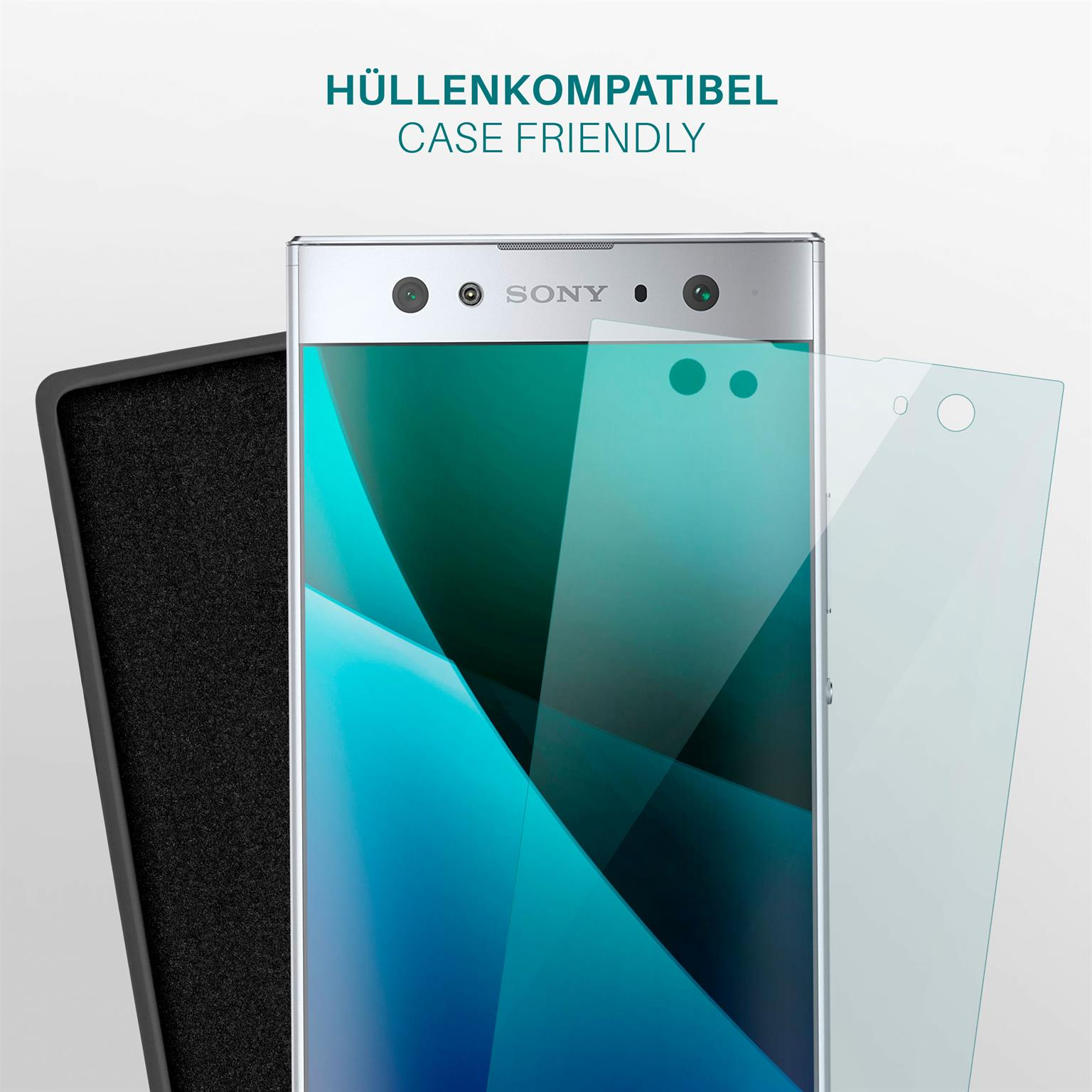 Ein Telefon mit Displayschutzfolie und Hülle wird gezeigt. Die Marke ist Sony. Text sagt "hüllenkompatibel".