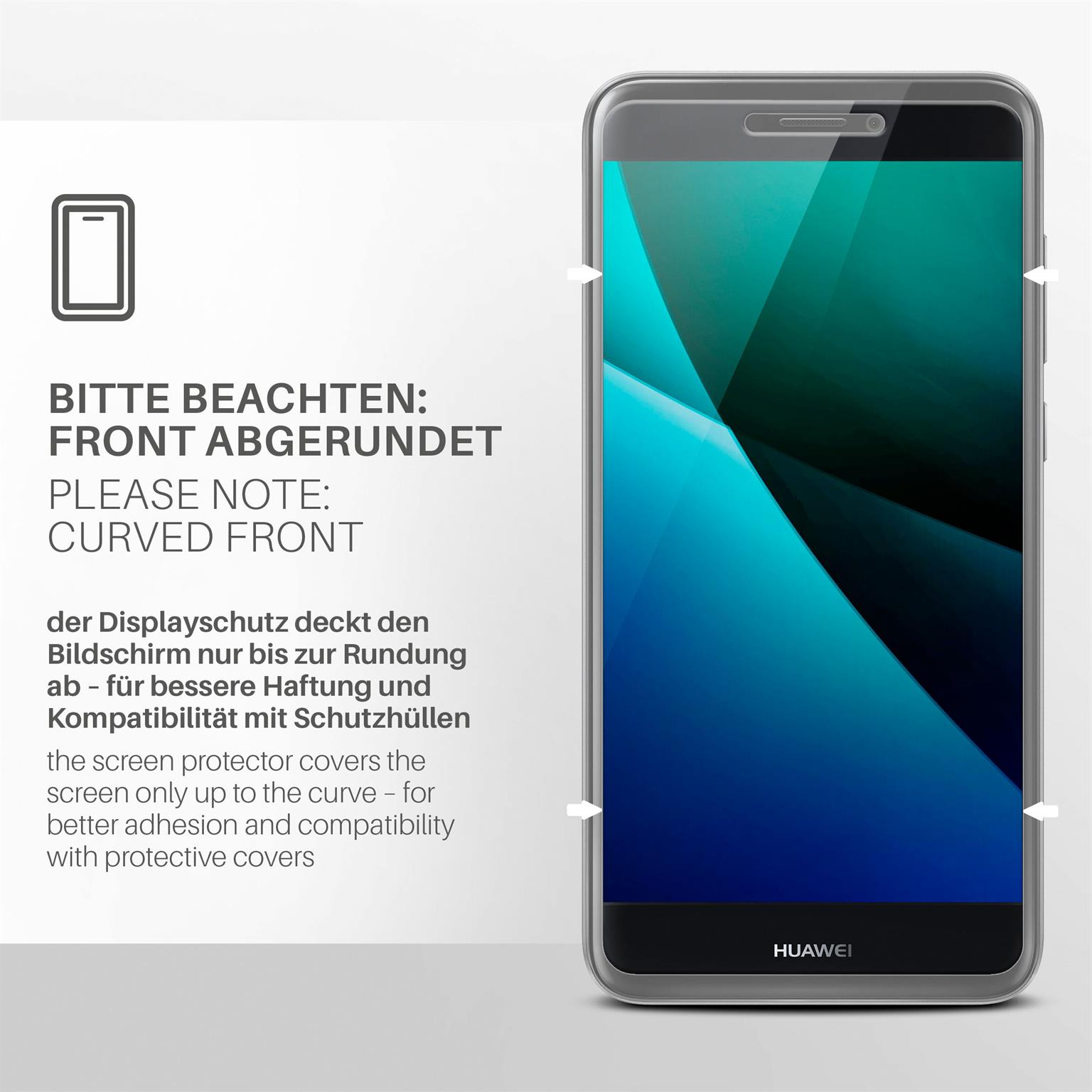 Telefon mit Displayschutz. Text: Bitte beachten: Abgerundete Front. Der Bildschirm zeigt eine Grafik.