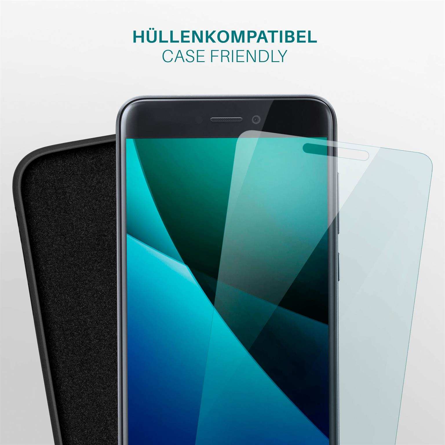 Eine Handyhülle mit Displayschutz auf einem Telefon. Die Hülle ist schwarz und der Bildschirm ist an.