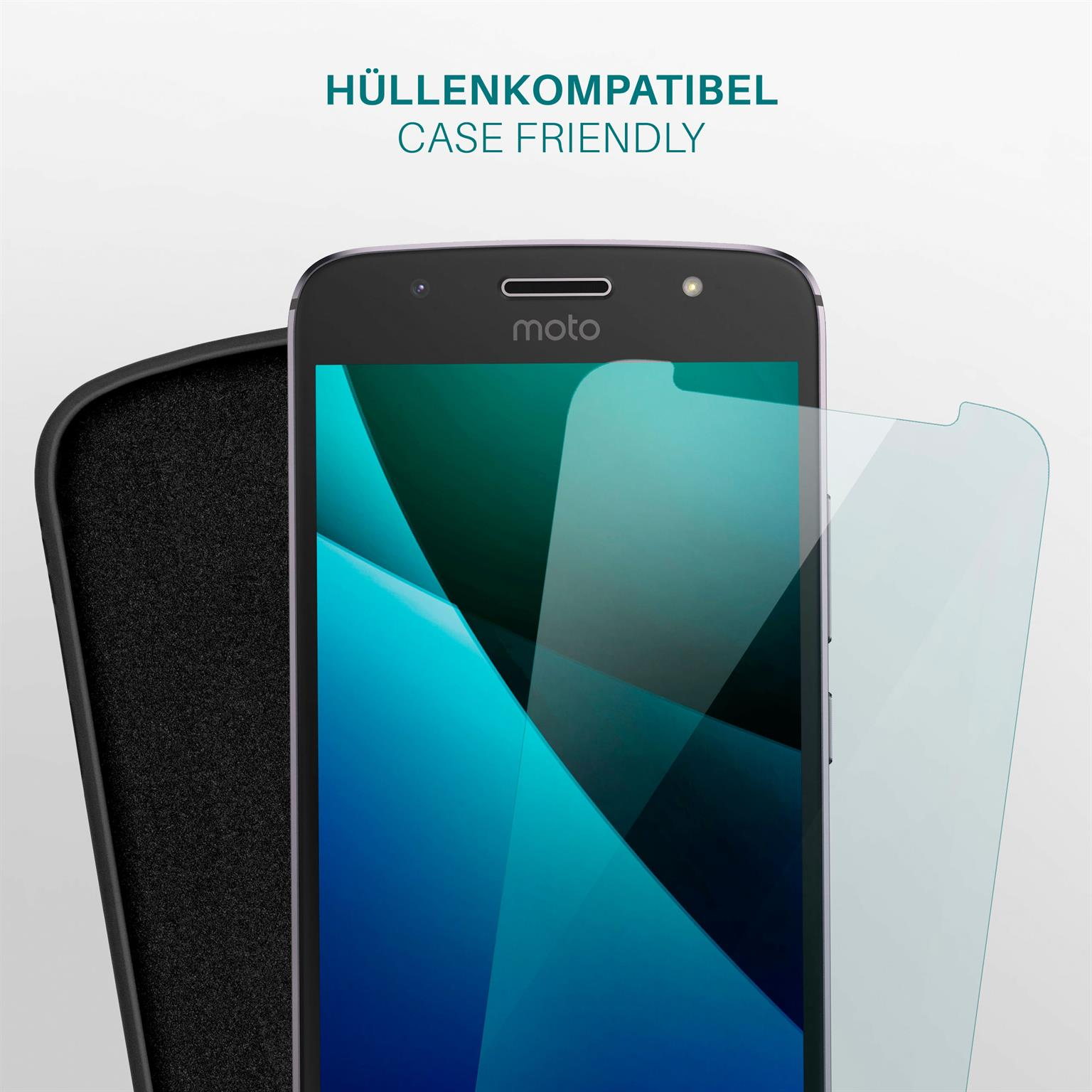 Telefonbildschirm mit angebrachtem Displayschutz, Text: Gehäusefreundlich.
