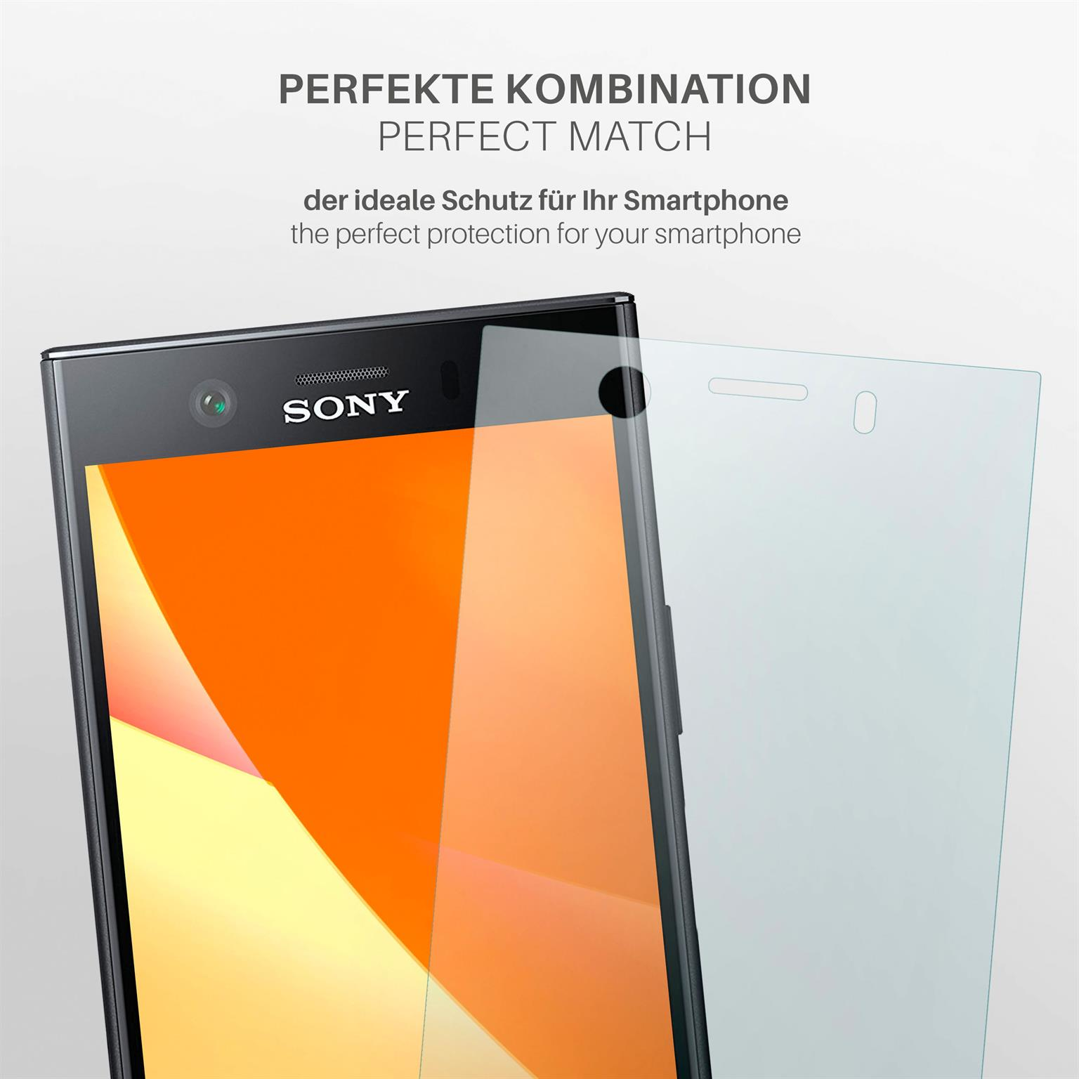 Ein Sony-Smartphone mit orangefarbenem Bildschirm wird mit einem Displayschutz auf der Seite gezeigt. Text: Perfekte Kombination.