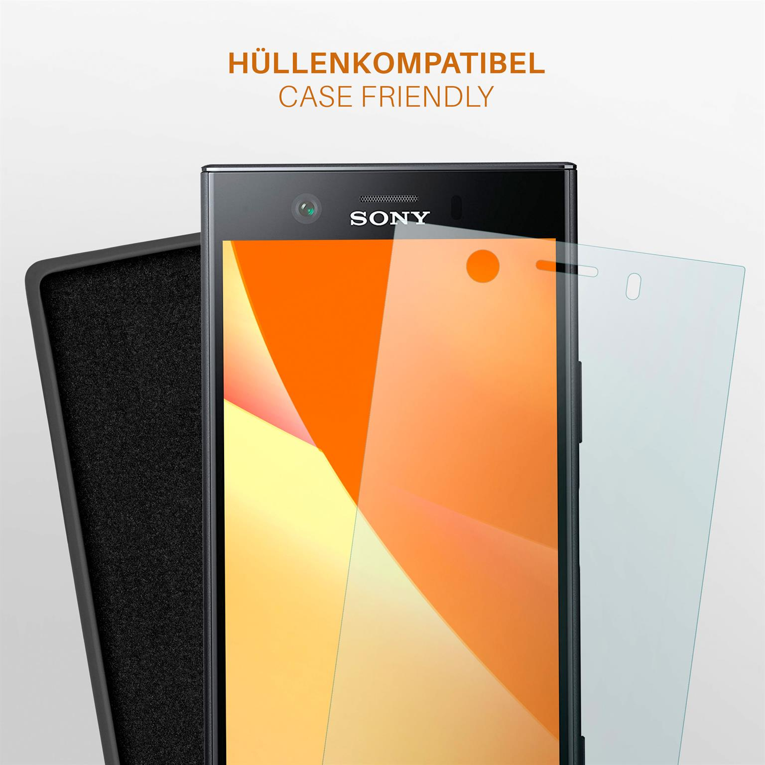 Ein Telefon mit Displayschutzfolie und Hülle, das das hüllenfreundliche Design zeigt.