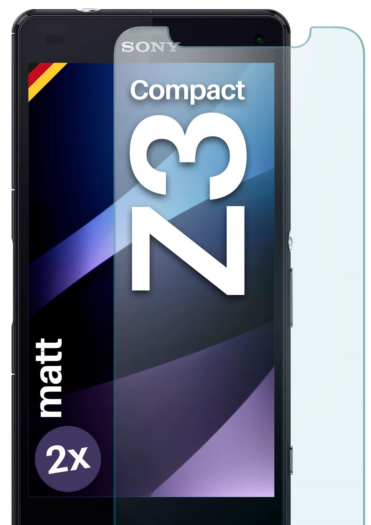 Schwarzes Smartphone mit Displayschutz. Text: Z3 Compact. Text auf dem Schutz: Folie Matt 2x.