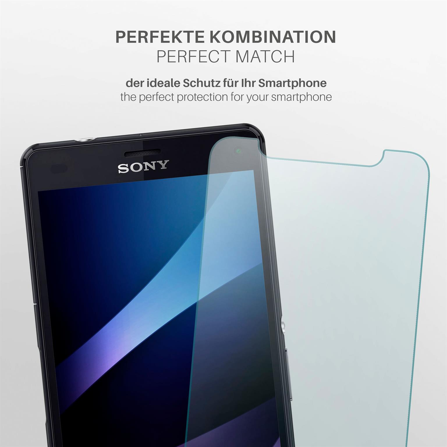 Ein Sony-Telefon mit Displayschutz. Ein klarer Schutz wird neben dem Telefon gezeigt. Weißer Hintergrund.