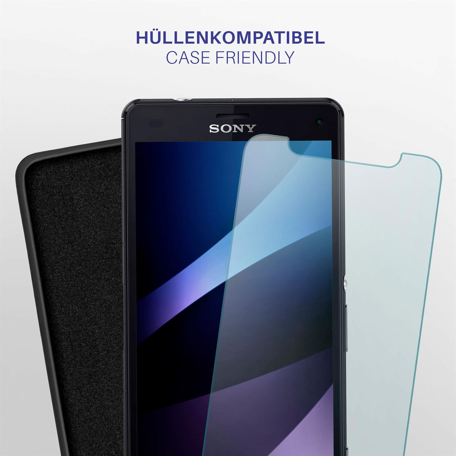 Telefon in Hülle mit Displayschutz, zeigt Gehäuse-freundliche Kompatibilität.