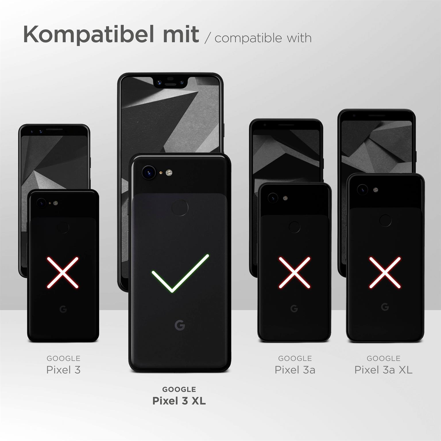 Das Bild zeigt Telefone mit Hüllen. Google Pixel 3 XL ist kompatibel. Andere, Pixel 3, 3a und 3a XL, sind es nicht.