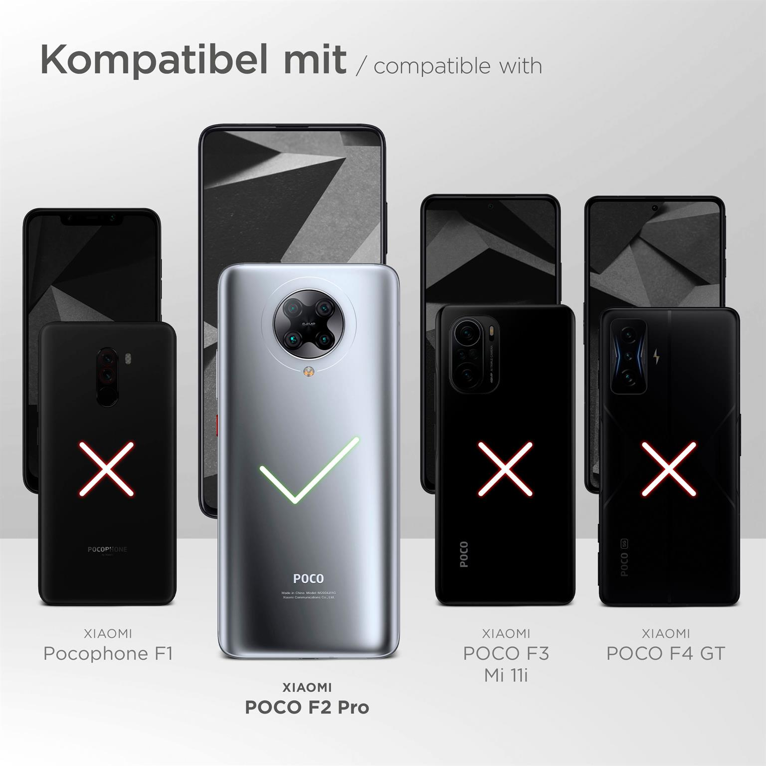 Mehrere Telefone mit Häkchen und X-Markierungen, die die Kompatibilität für ein Poco F2 Pro zeigen.