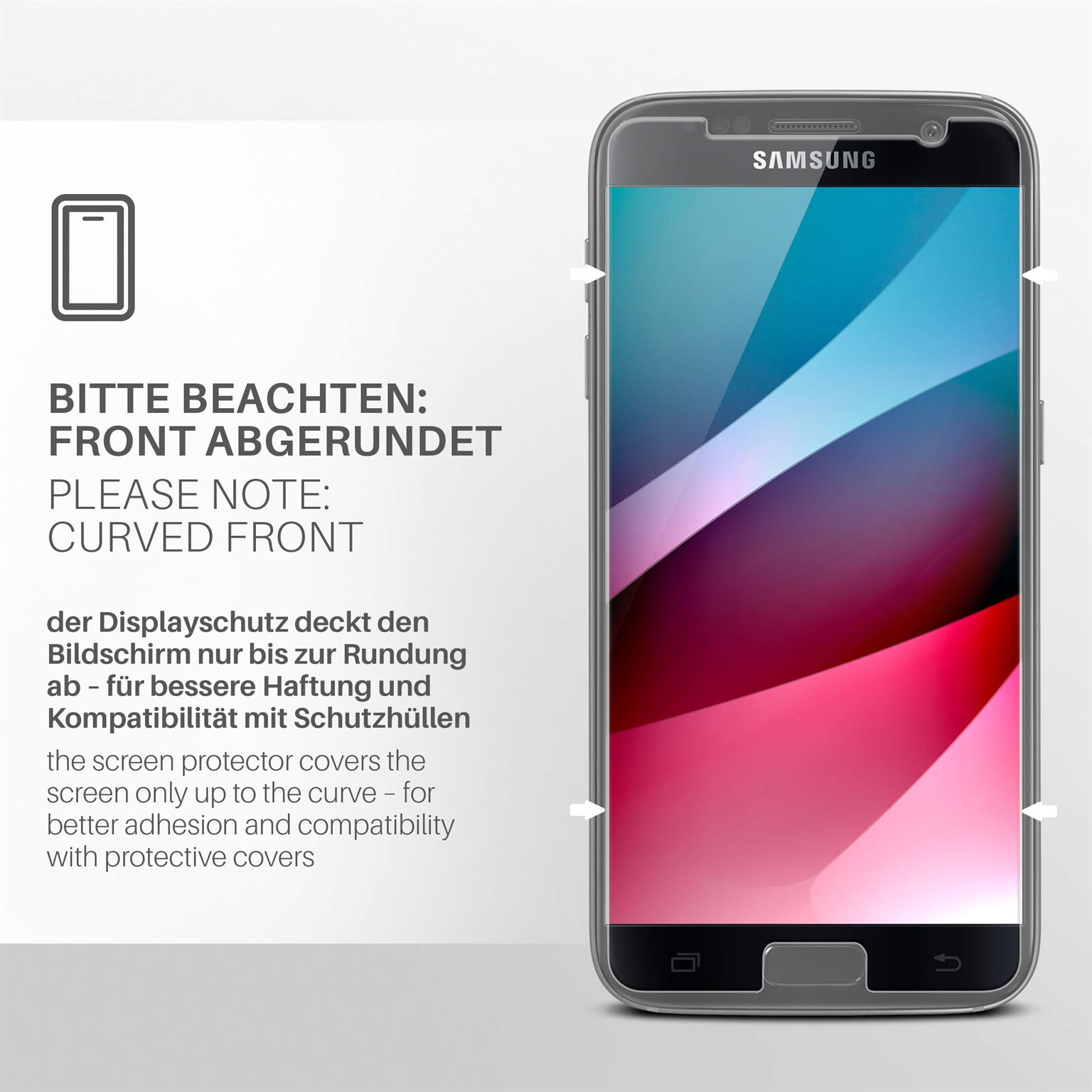 Samsung-Telefon mit Displayschutz. Text: Abgerundete Front. Hintergrund: Weiß. Schutz deckt Bildschirm ab.