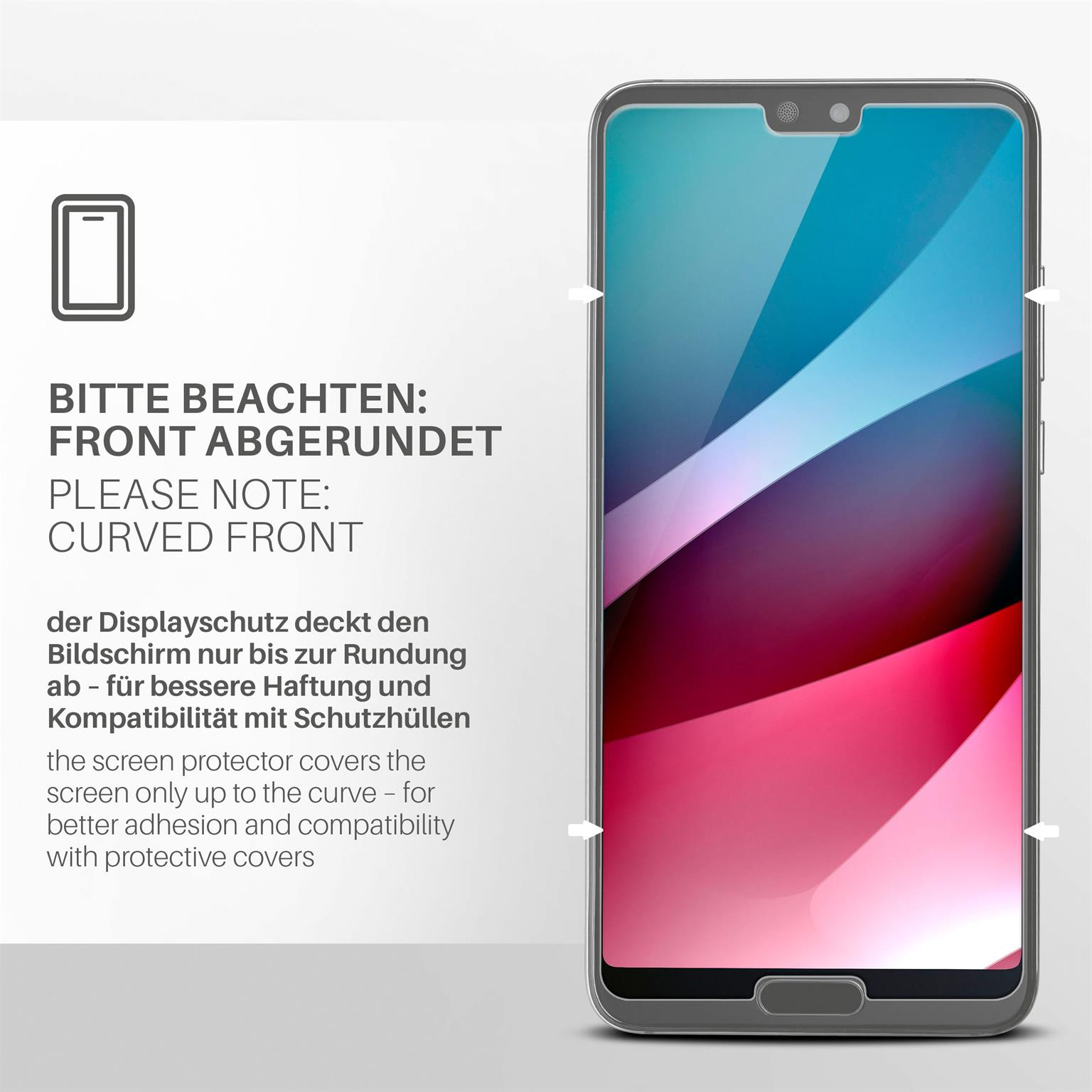 Telefon mit Displayschutz, Text 'Abgerundete Front'. Hintergrund ist weiß.