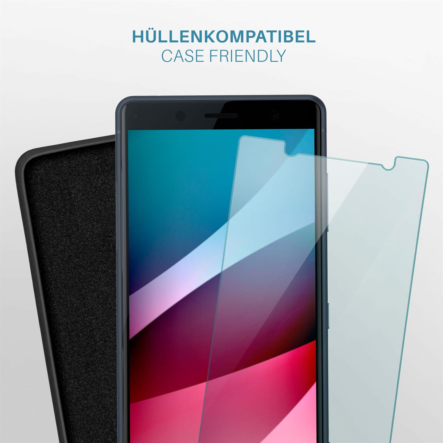 Schwarzes Telefon mit Displayschutzfolie und Hülle. Texte 'CASE FRIENDLY'.