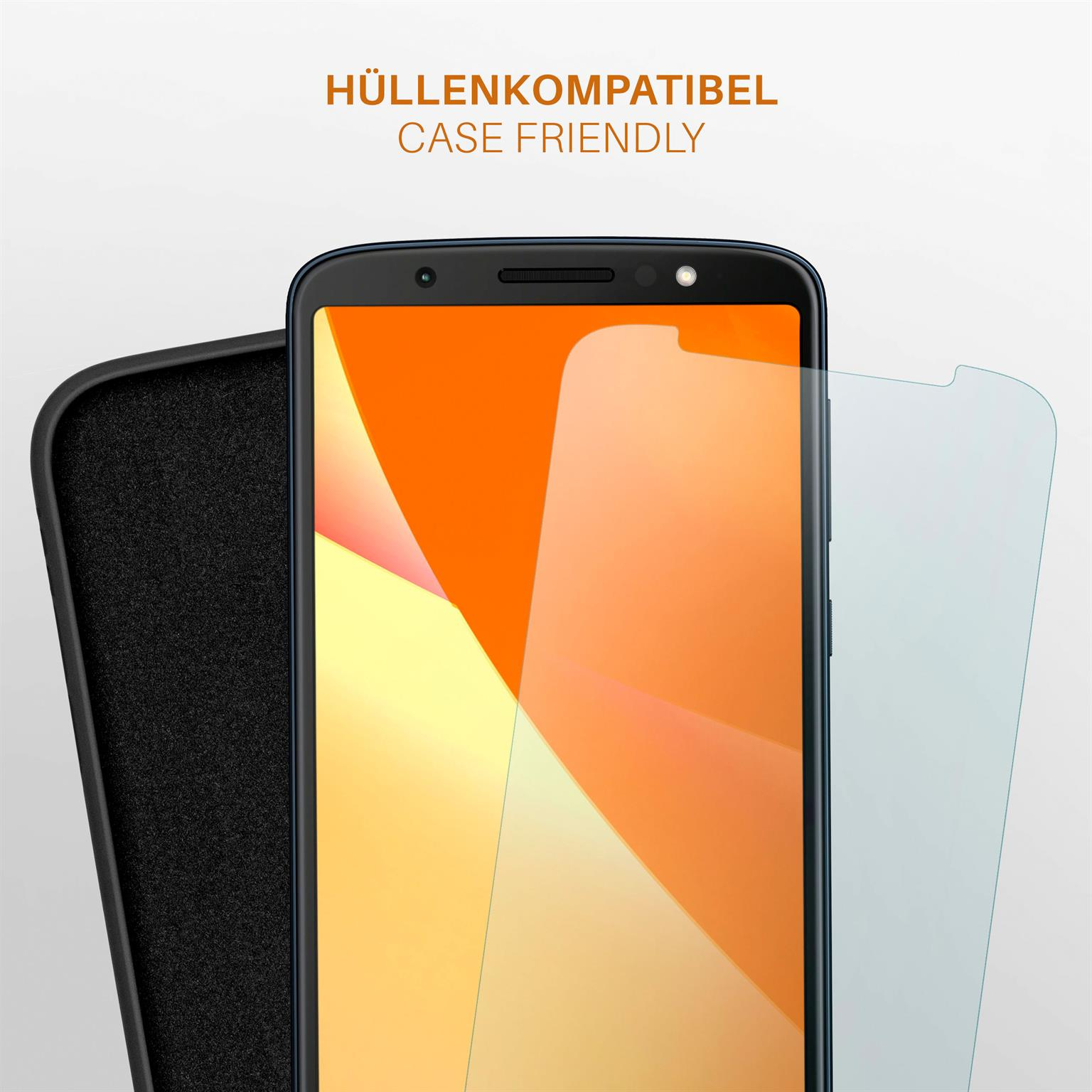 Ein Displayschutz neben einem Telefon und einer Hülle. Text: Hüllenfreundlich.