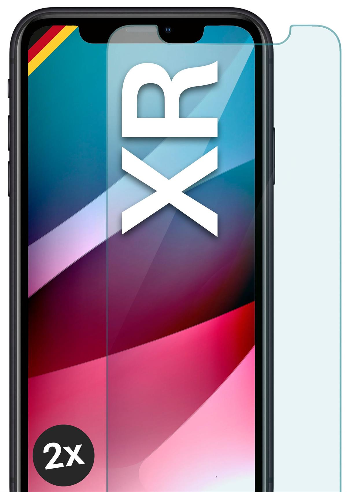 Schwarzes Telefon mit Displayschutz. Text lautet 'XR'. Der Schutz befindet sich neben dem Telefon. Bunter Hintergrund.