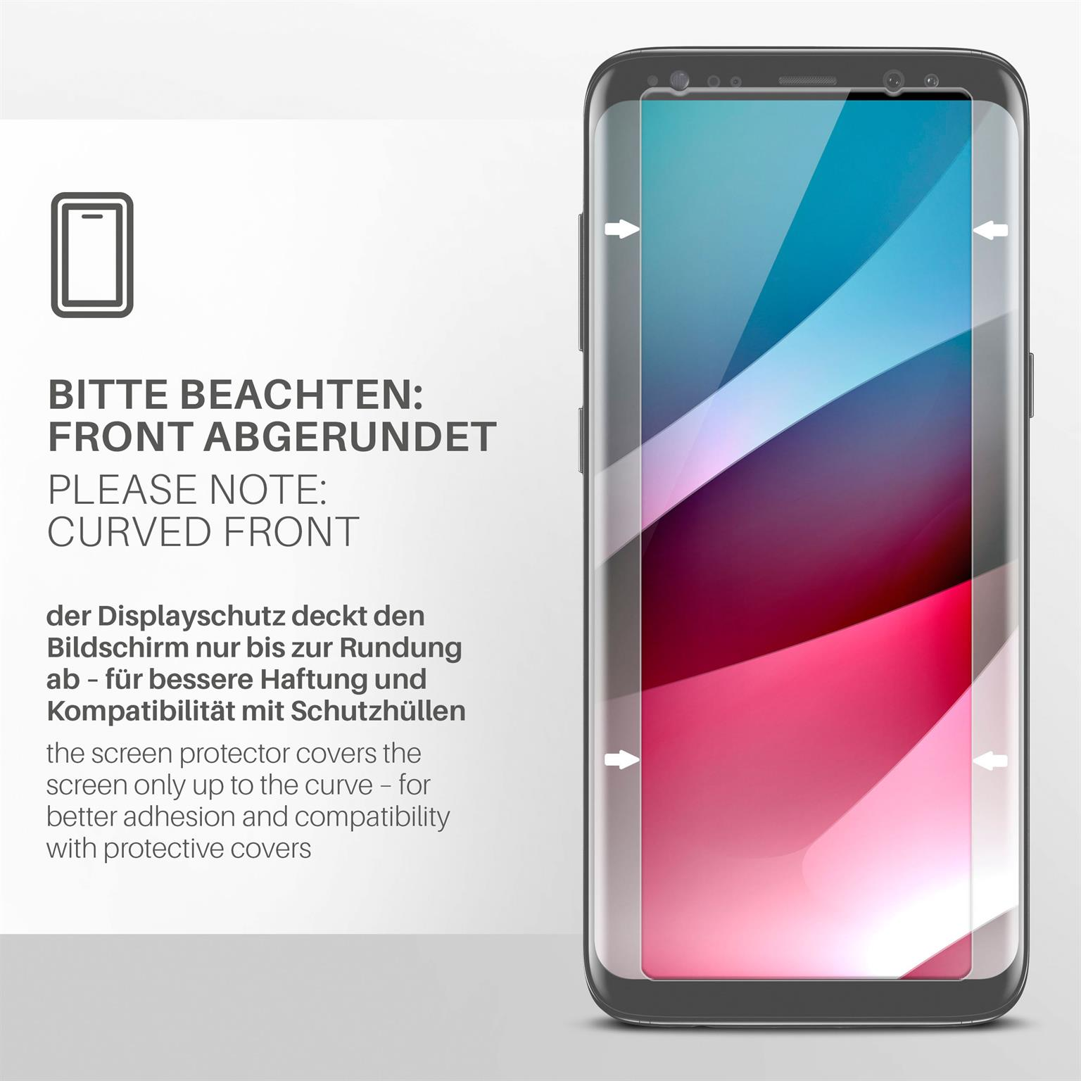 Smartphone mit gekrümmter Front mit Displayschutzfolie, mit Text und Pfeilen, auf Weiß.