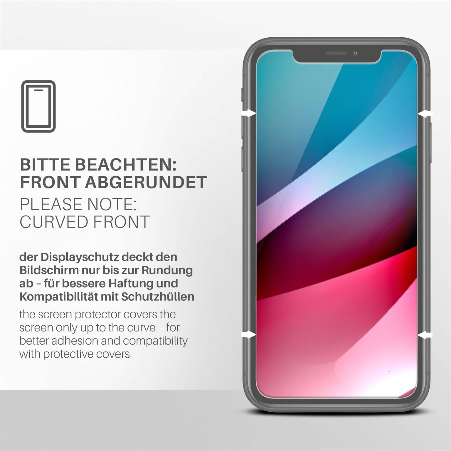 Ein Telefon mit Displayschutz, abgerundete Front, Pfeile zeigen die Ränder. Bildschirm mit Farben.