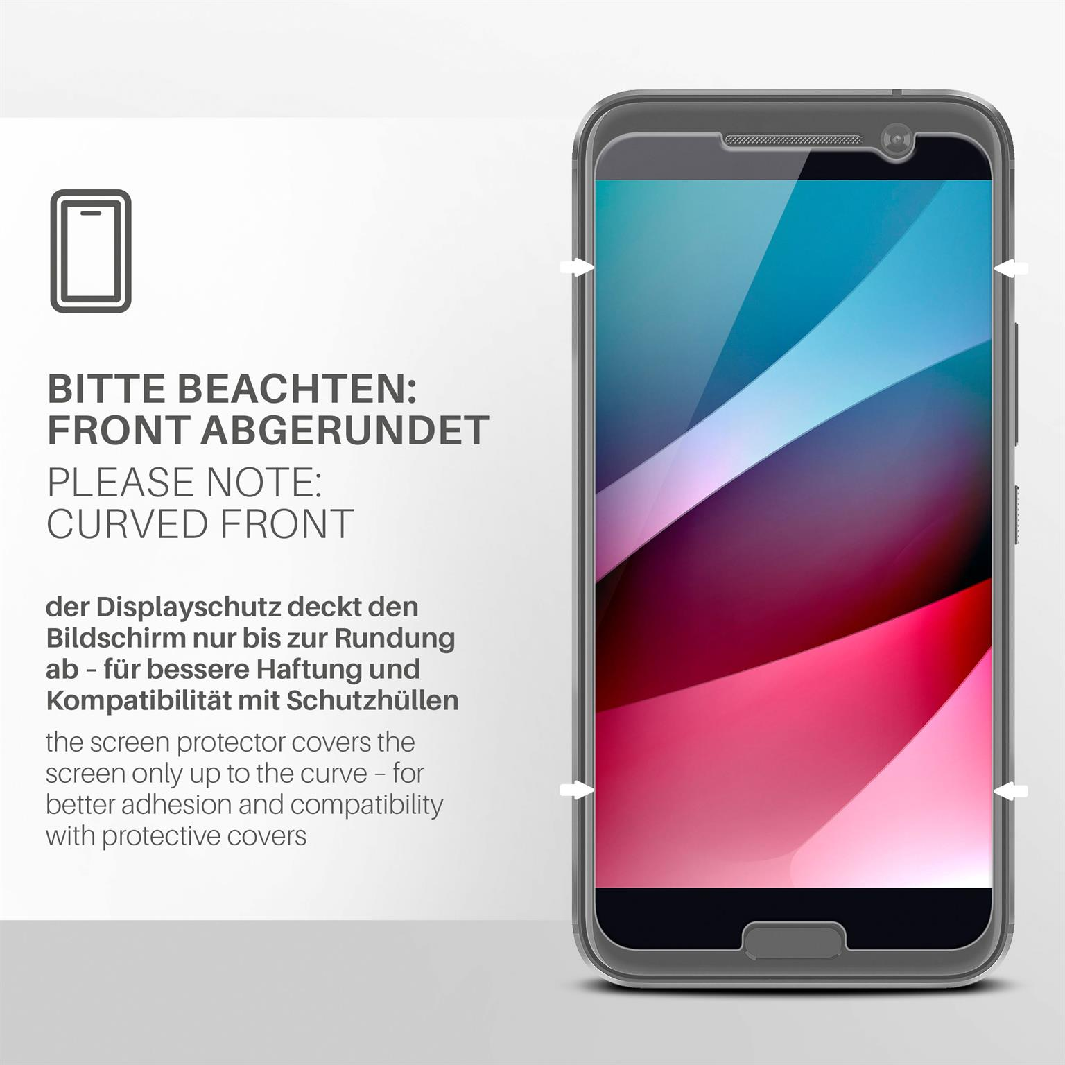 Ein Displayschutz auf einem Telefon mit gewölbter Front. Text: Gekrümmte Front.
